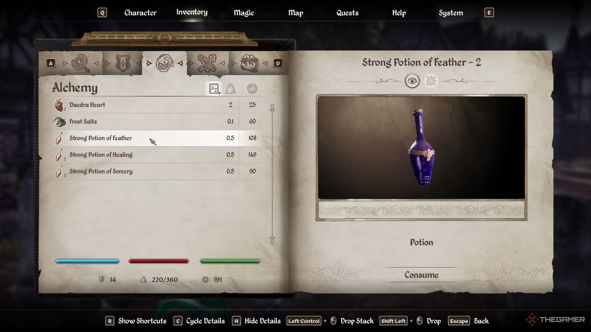 The player character shows Potion of Feather in his inventory in Oblivion Remastered.