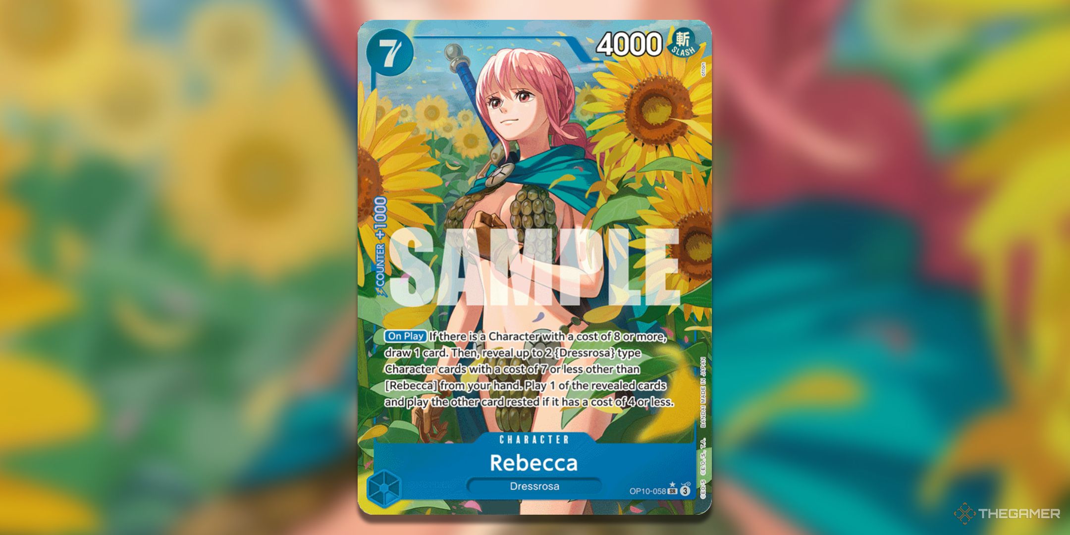 Rebecca alternate art card from One Piece Card Game's Royal Blood set.