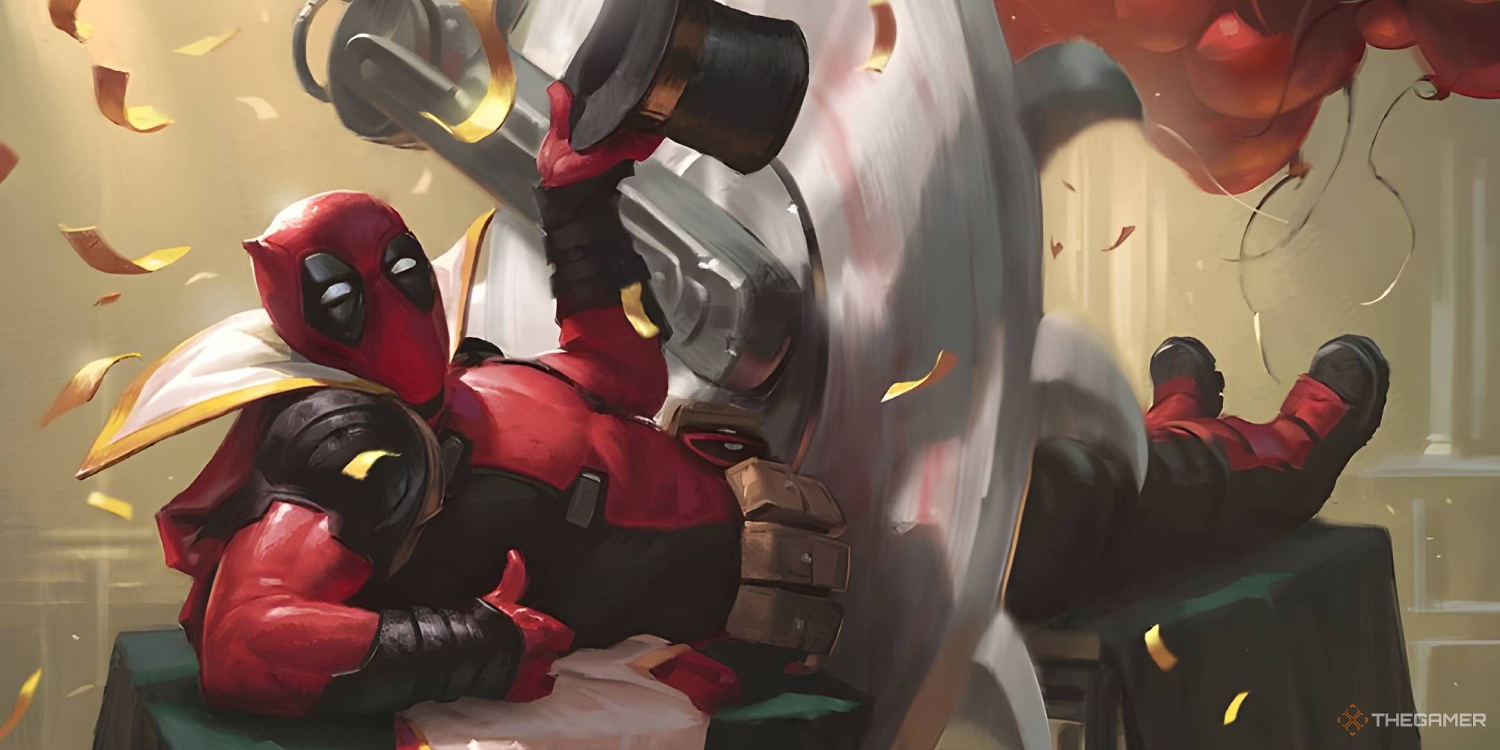 Deadpool lies on a table, tipping his hat and giving a thumbs up while a rotary saw cuts him in half at the waist. 