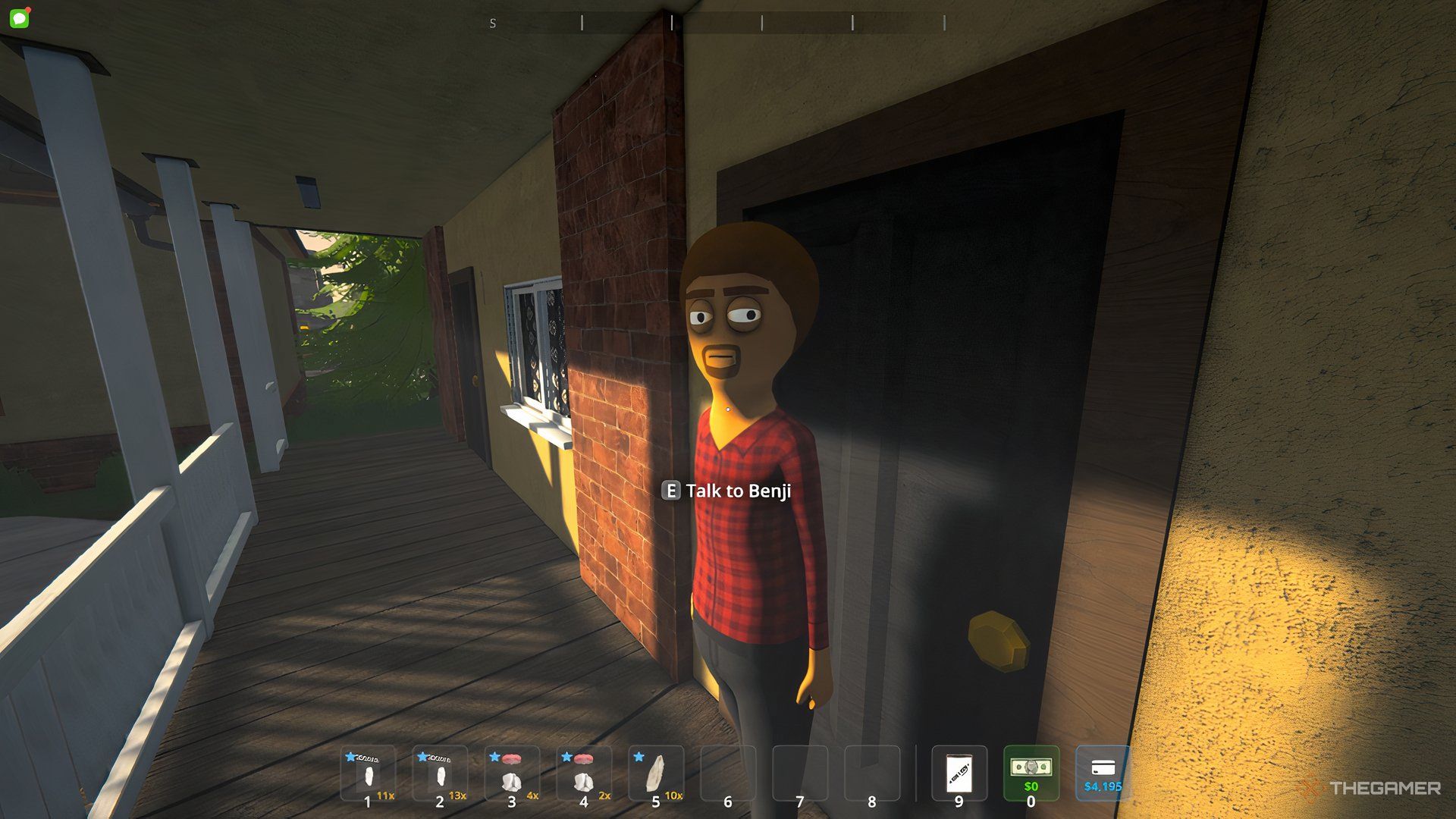 Benji standing infront of his motel room with a prompt allowing you to interact with him.