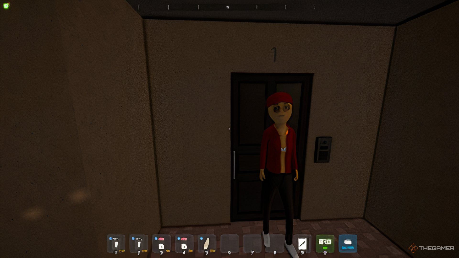 Molly standing in front of her aparment door. There is a number one sign above her, with a box on her right. She is looking at the character. 