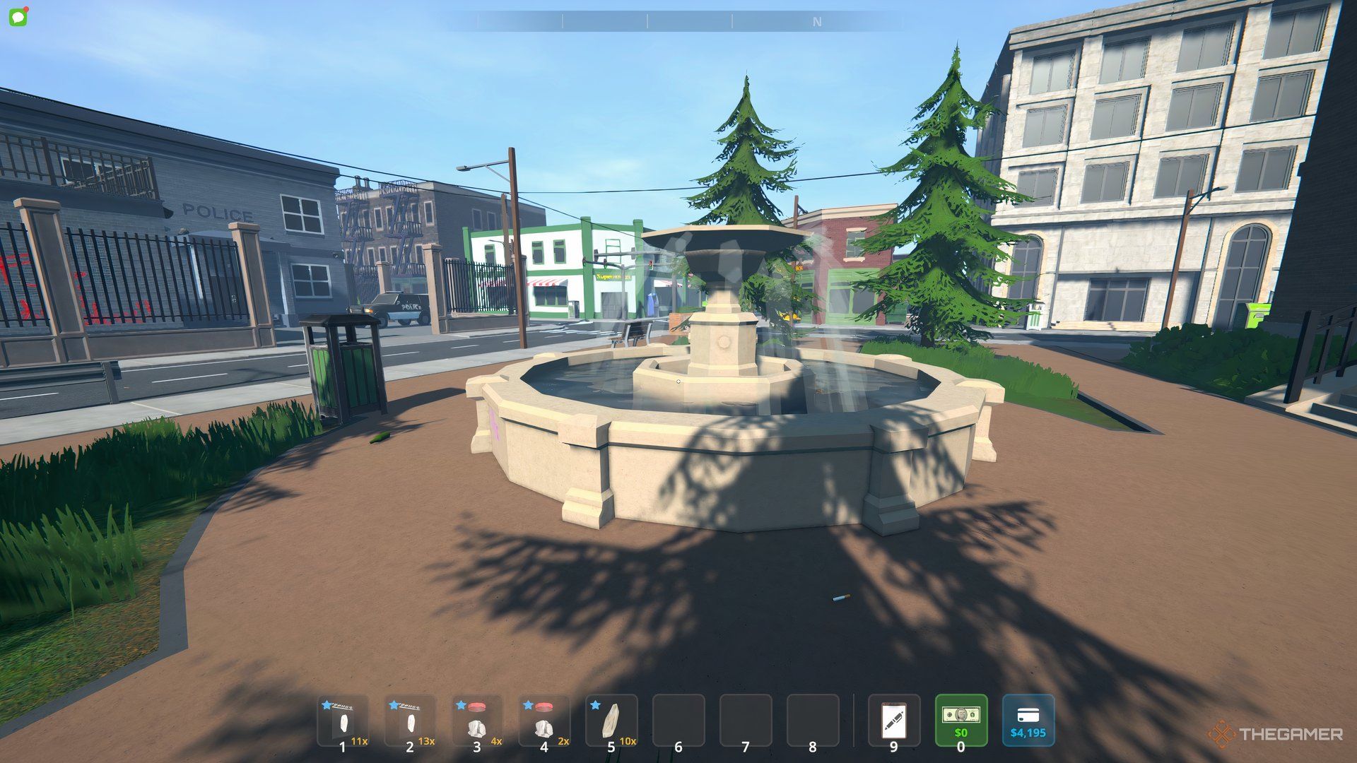 Character looking at a waterfall with buildings and trees in the background. 