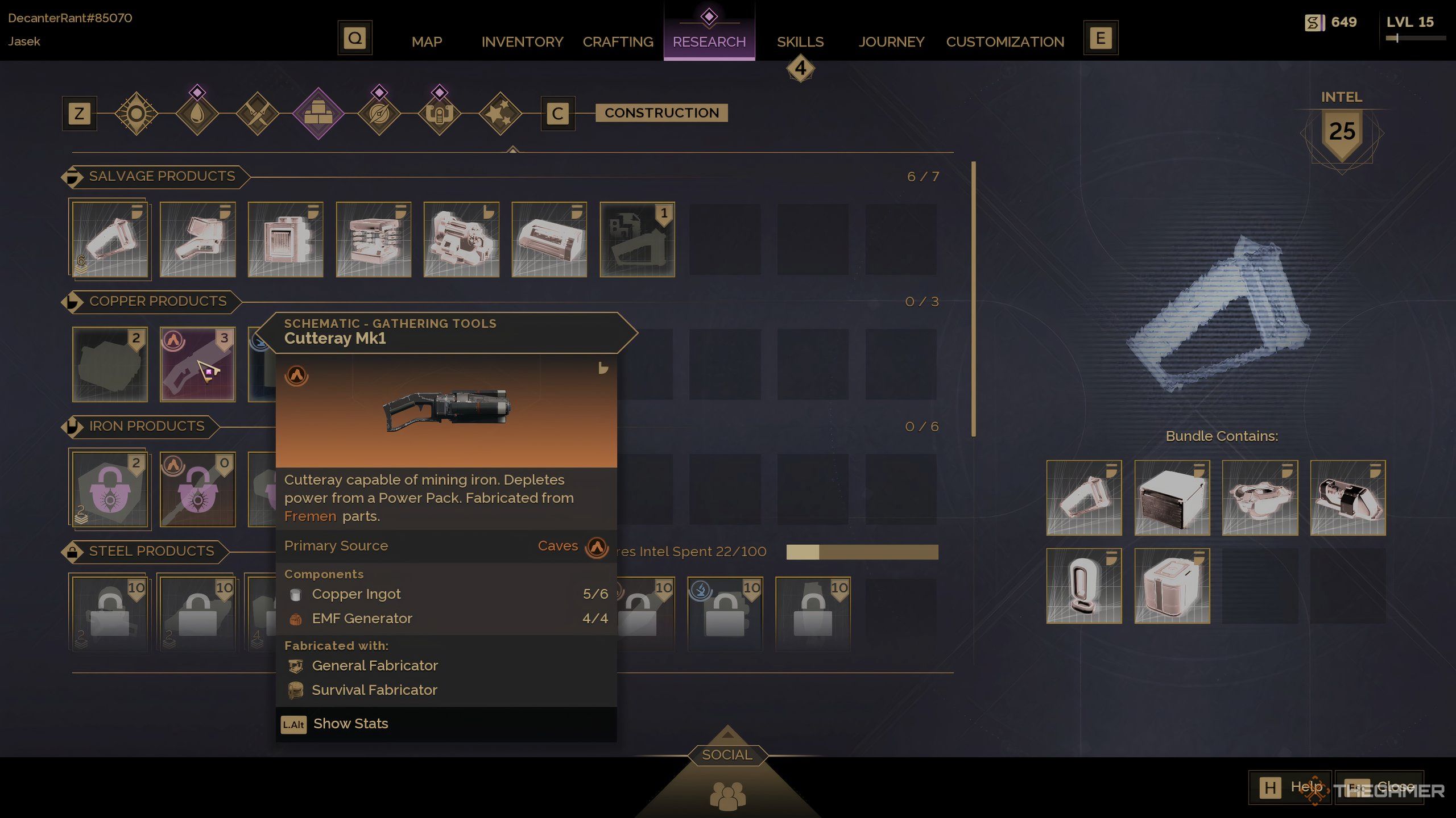 The research UI menu in Dune: Awakening.