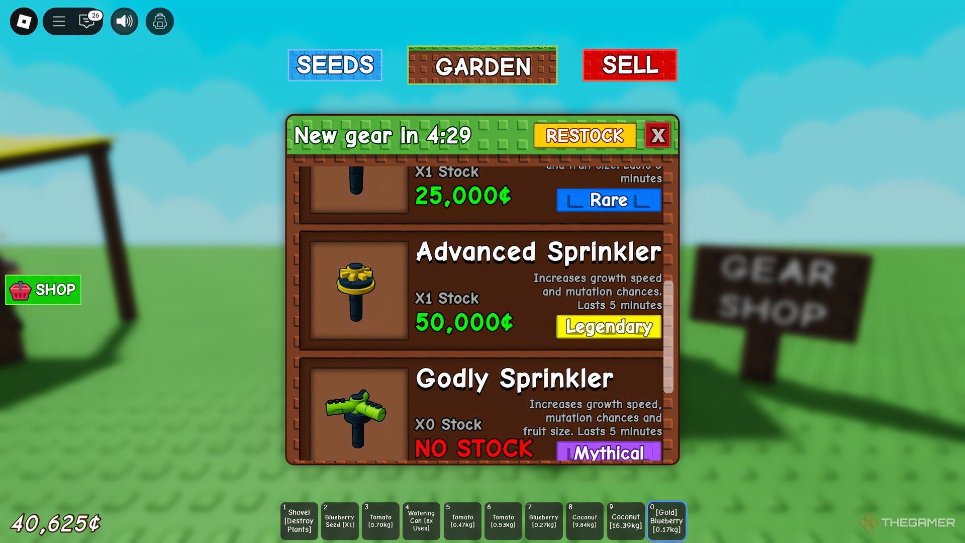 The various Sprinklers are shown at the Gear Shop in Roblox: Grow A Garden.