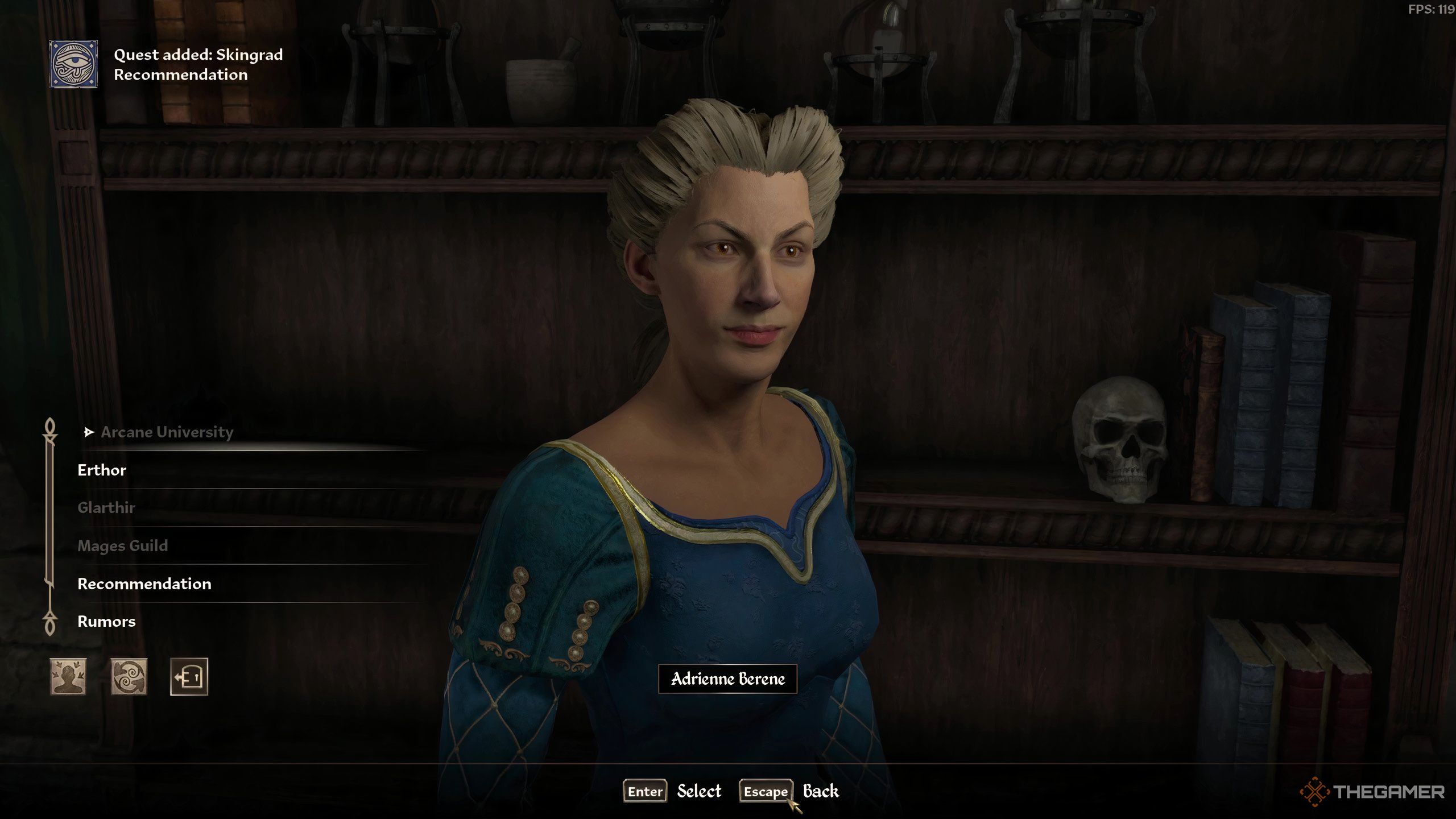 Speaking to Adrienne Berene about a Mage's Guild recommendation in Oblivion Remastered.