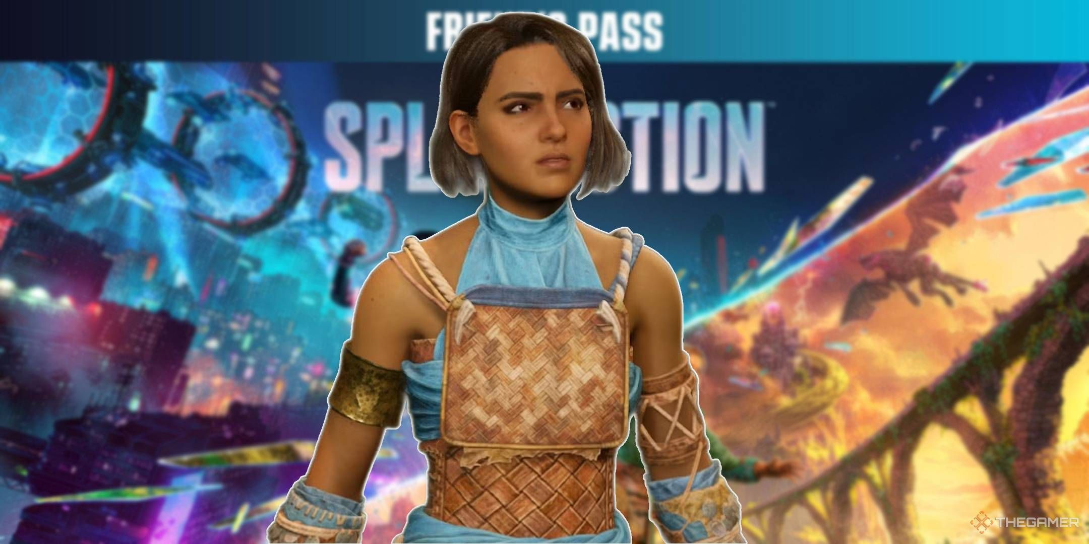 split fiction character in front of the friends pass logo