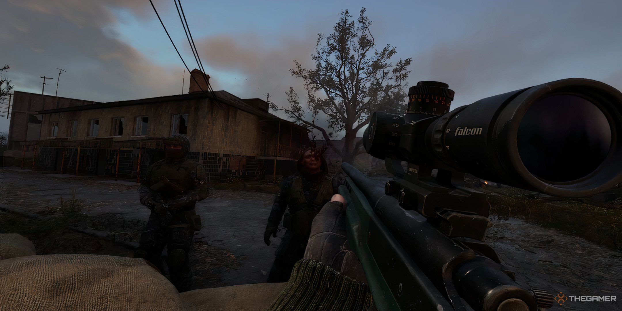 Shooting the M701 Super sniper rifle on an NPC in Stalker 2.