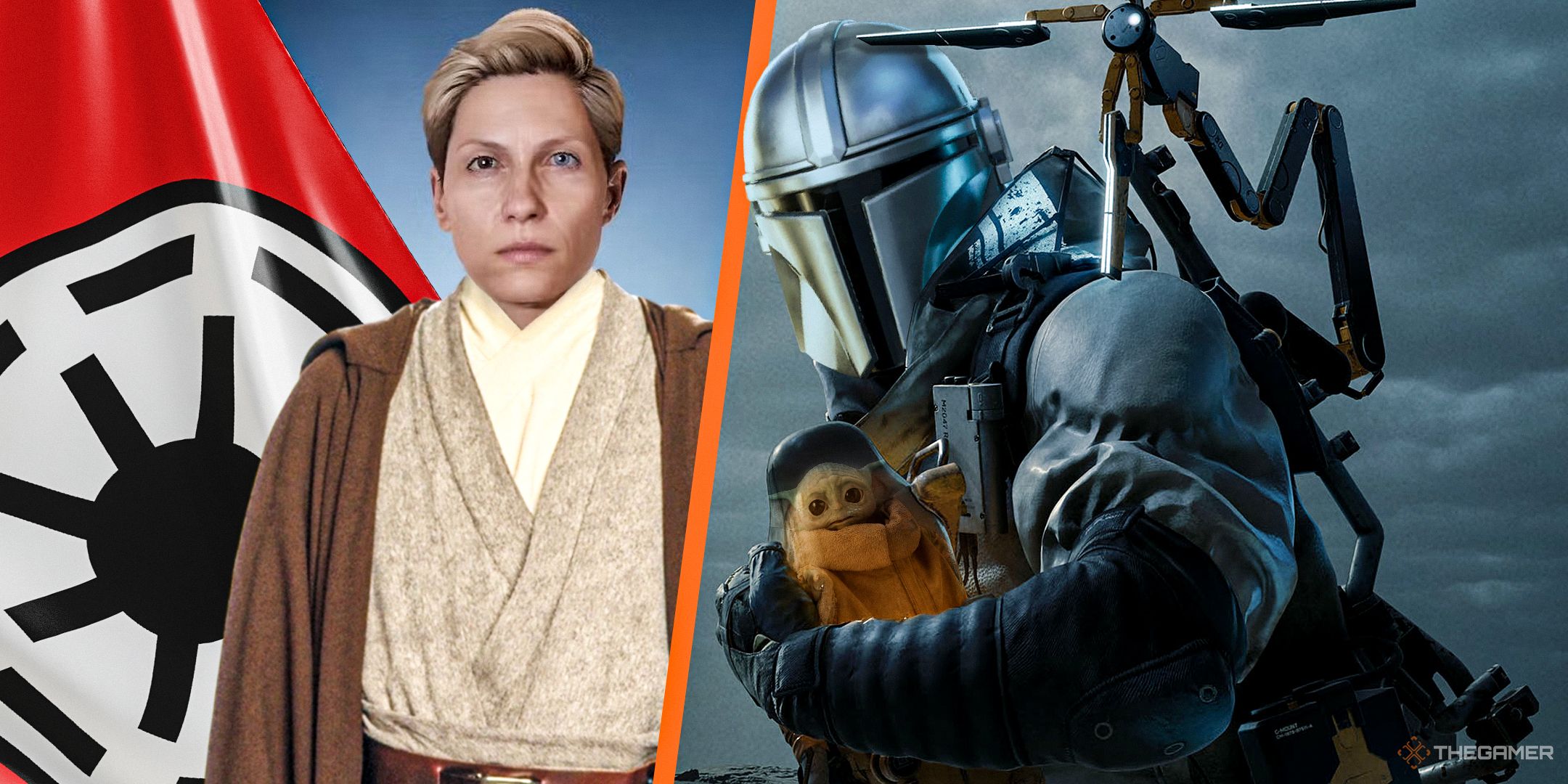 Fragile from Death Stranding as a Jedi next to a Mandalorian as Sam Porter holding Baby Yoda.