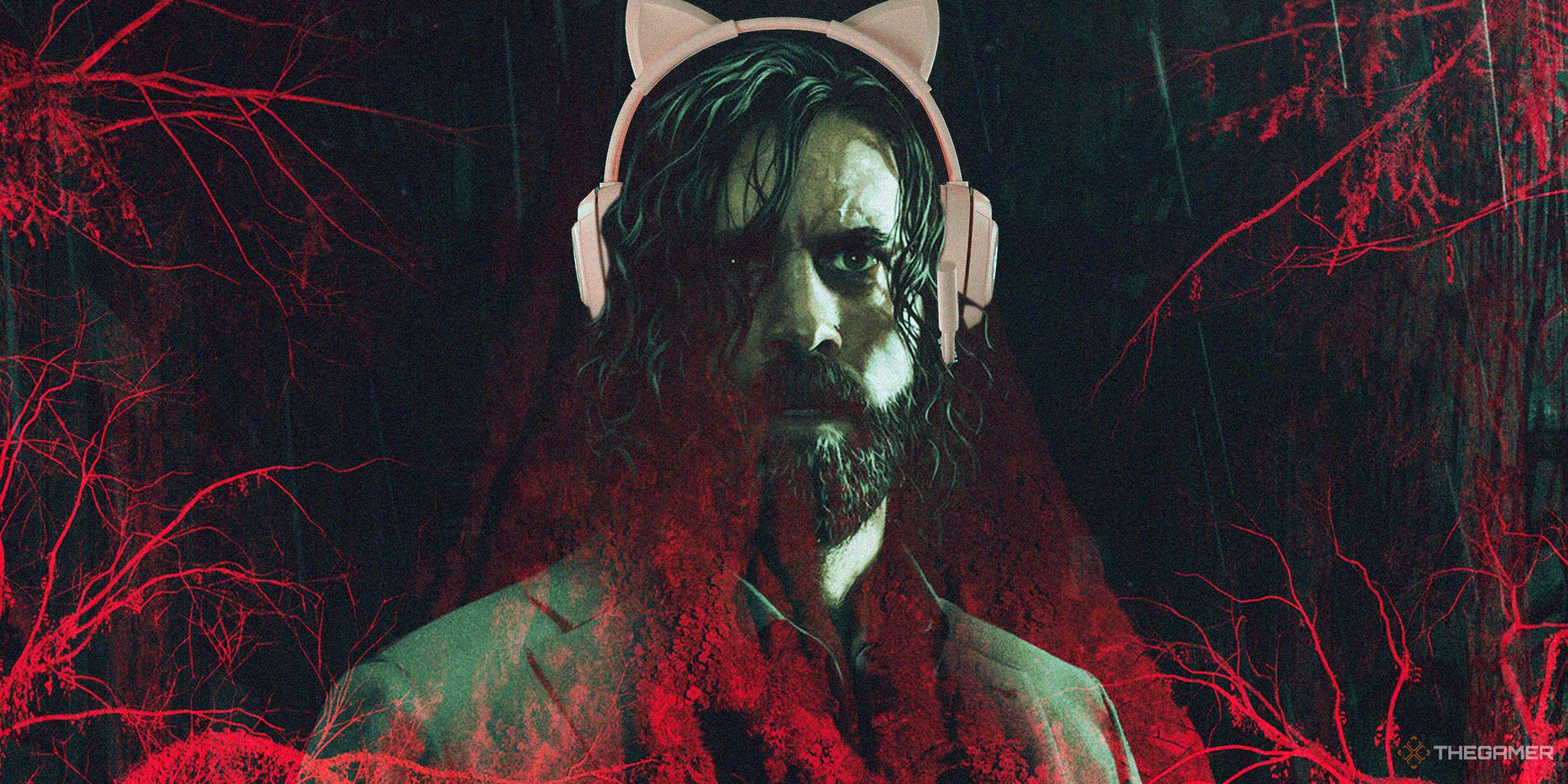 Alan Wake 2 key art with alan wearing pink cat ear headphones