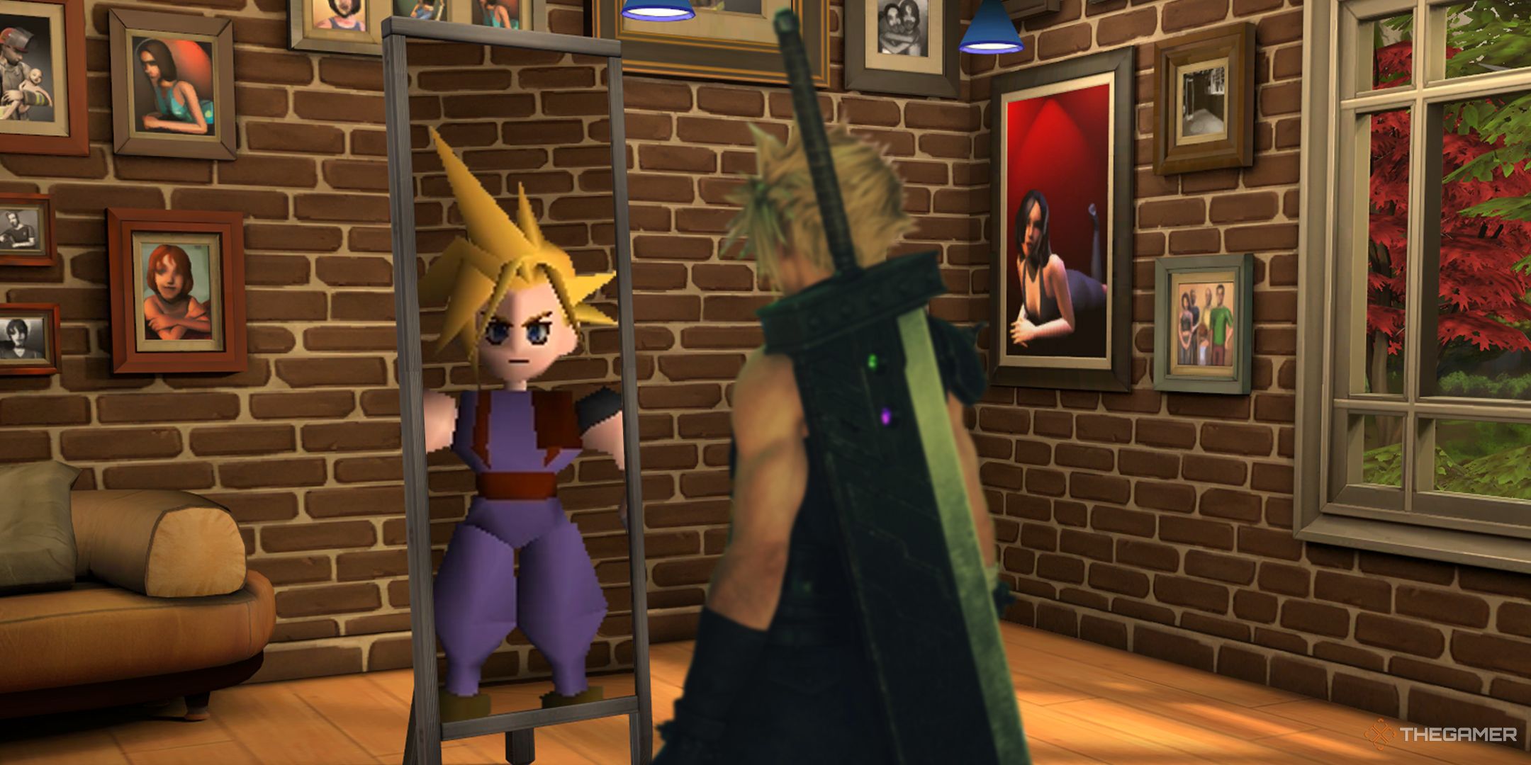 Cloud Strife looking in the mirror at PS1 self in the Sims 2 create a sim room