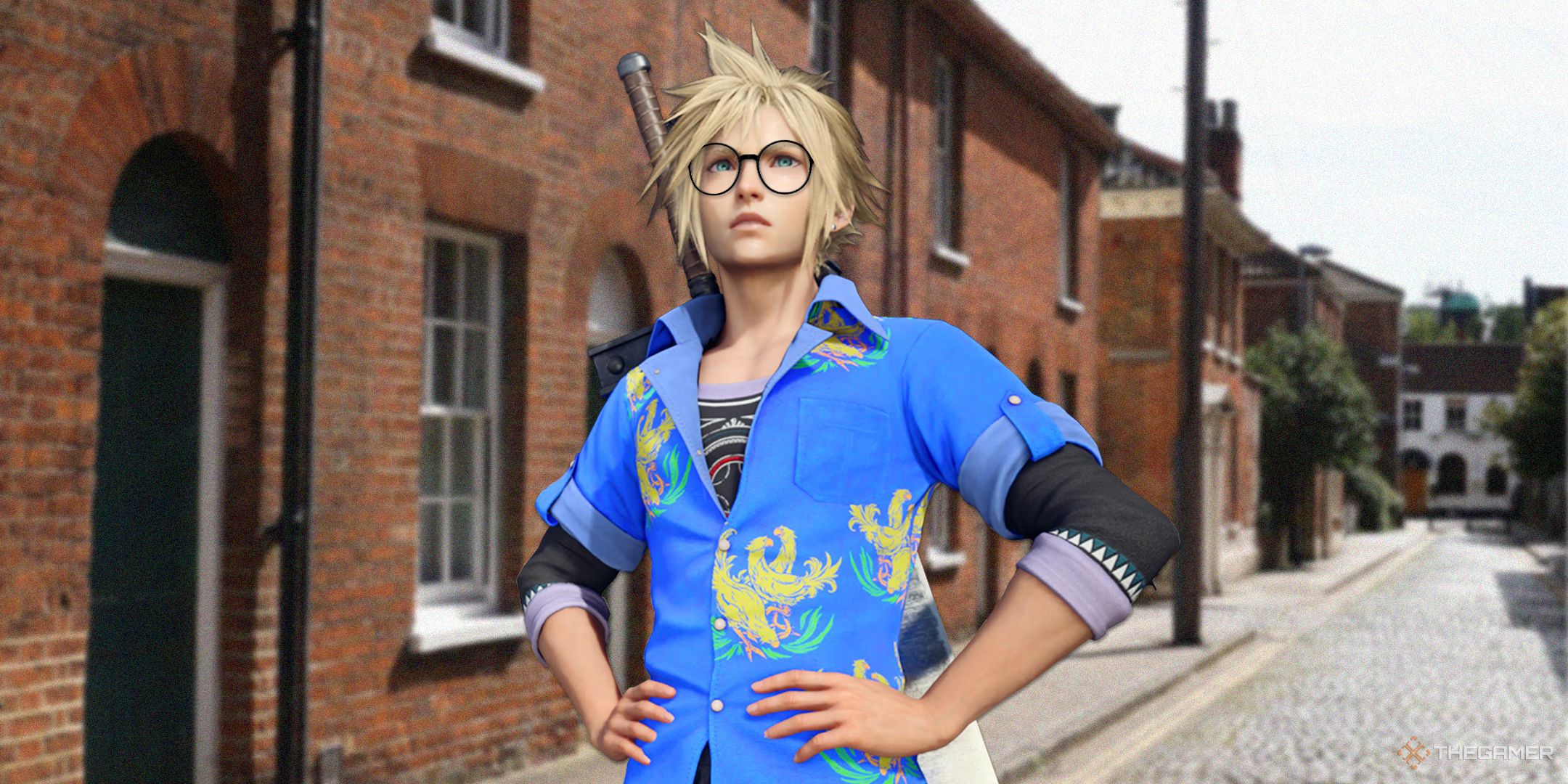 Cloud Strife In Chocobo Shirt and Glasses on a British street