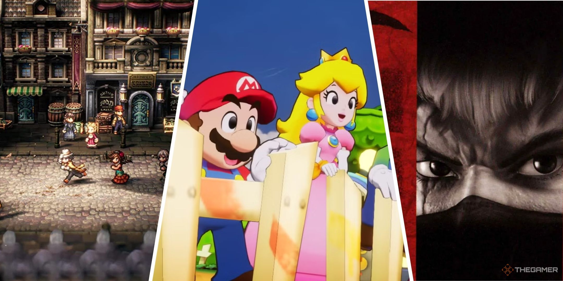 A collage of Octopath Traveler 2, Mario & Luigi Brothership, and Tenchu: Wrath of Heaven.