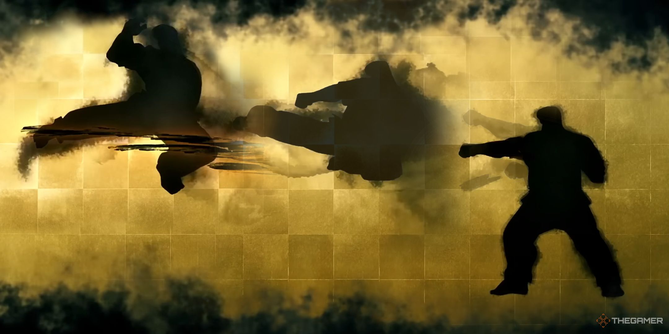 The inky shadow of Marco doing performing a sequence of attacks in Fatal Fury City of the Wolves.