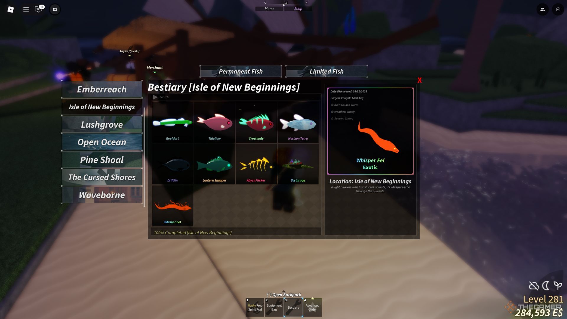 The player character shows fully completed Isle Of New Beginnings bestiary in Fisch.