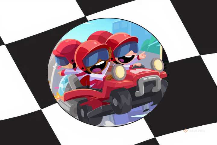 The red team in City Racers in Monopoly Go racing against a checkered flag background.