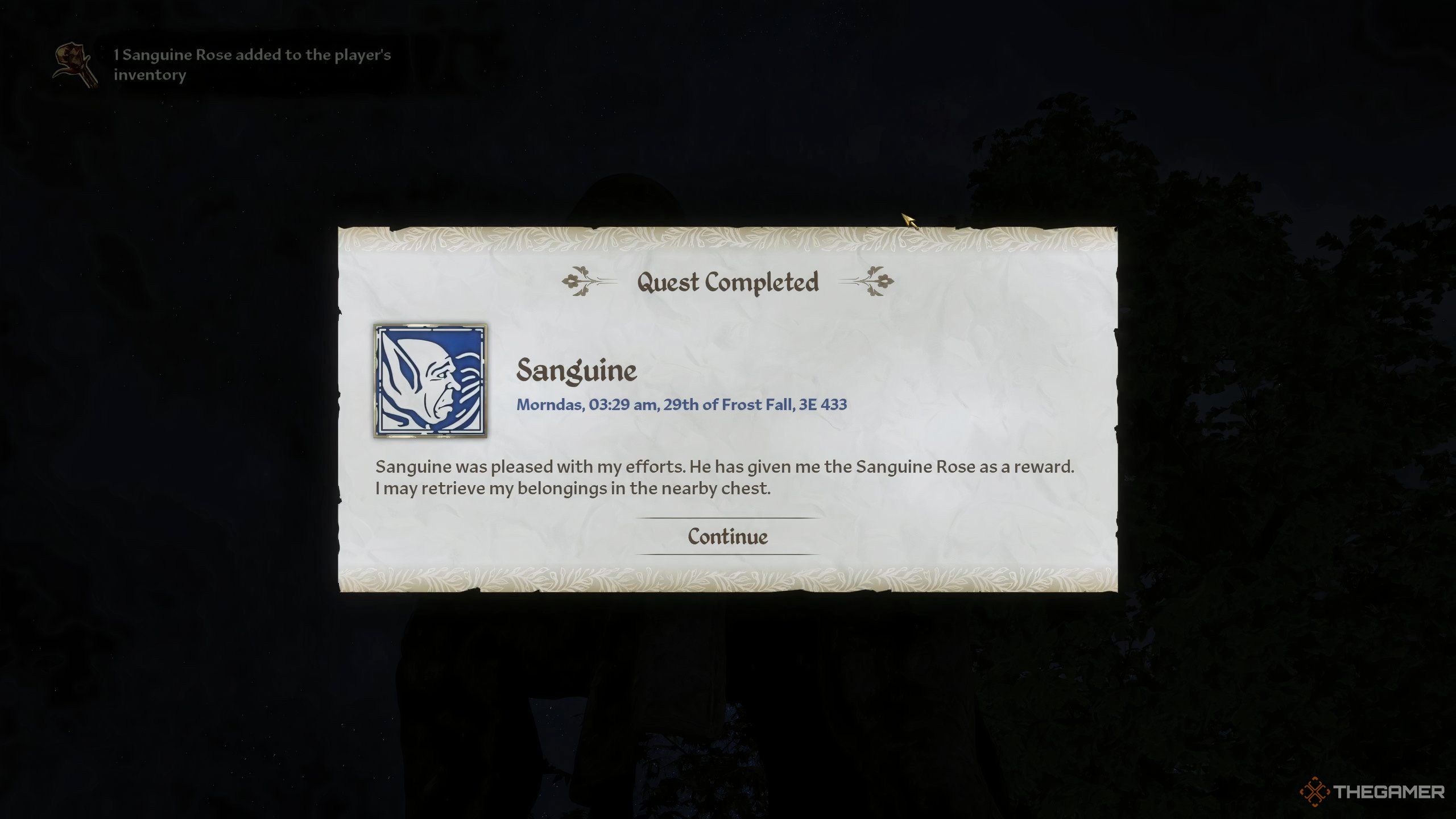 The Sanguine quest completed screen in Oblivion Remastered.