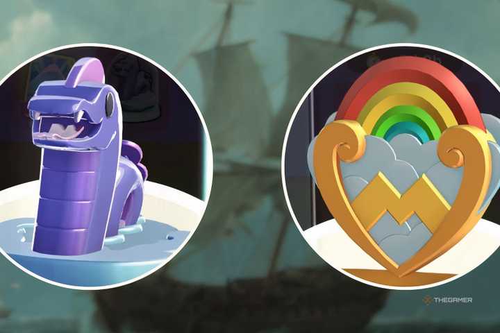 The Serpent board token and Rainbow shield skin from Adventure Club Vikings in Monopoly Go in front of a painting of a viking ship.