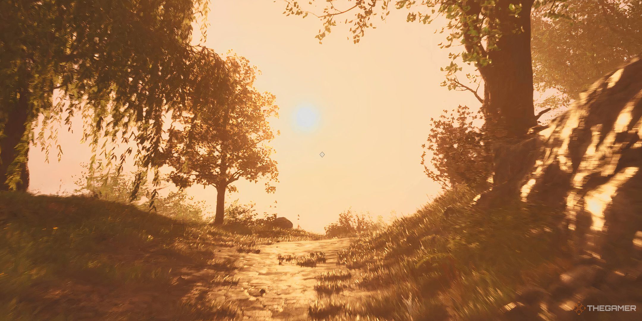 The sun rises over the Kvatch region in Oblivion REmastered.