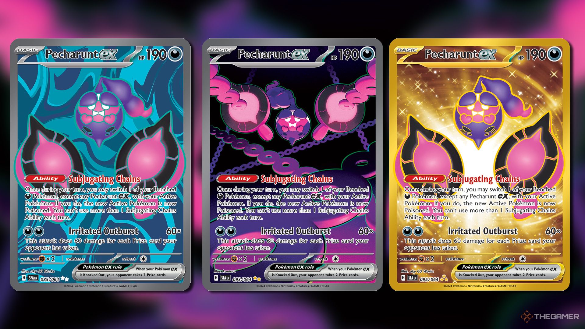 Three different rarity of the same Pecharunt ex cards in Pokemon TCG.