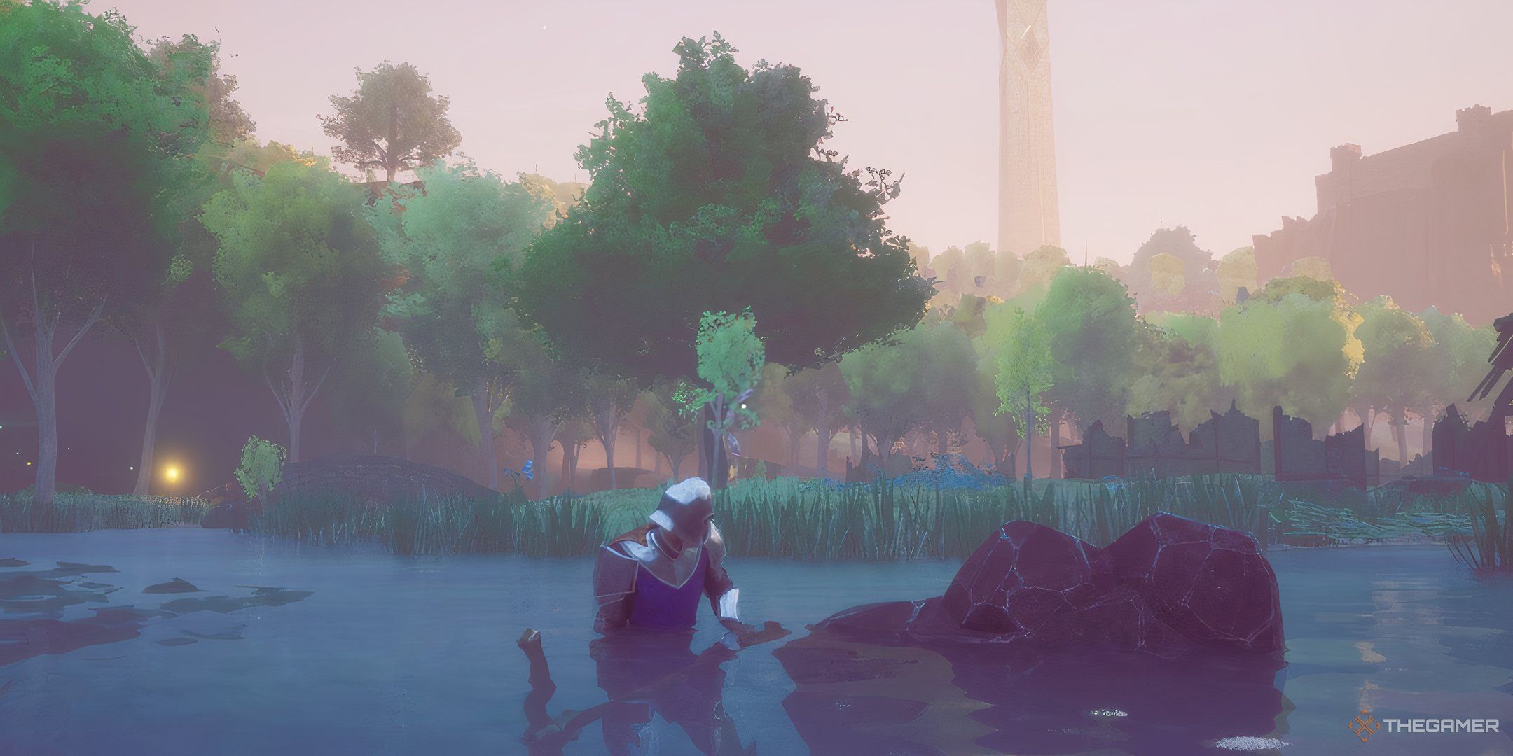 The player is standing next to a stone boulder with a pickaxe in hand inside a river in Runescape: Dragonwilds.
