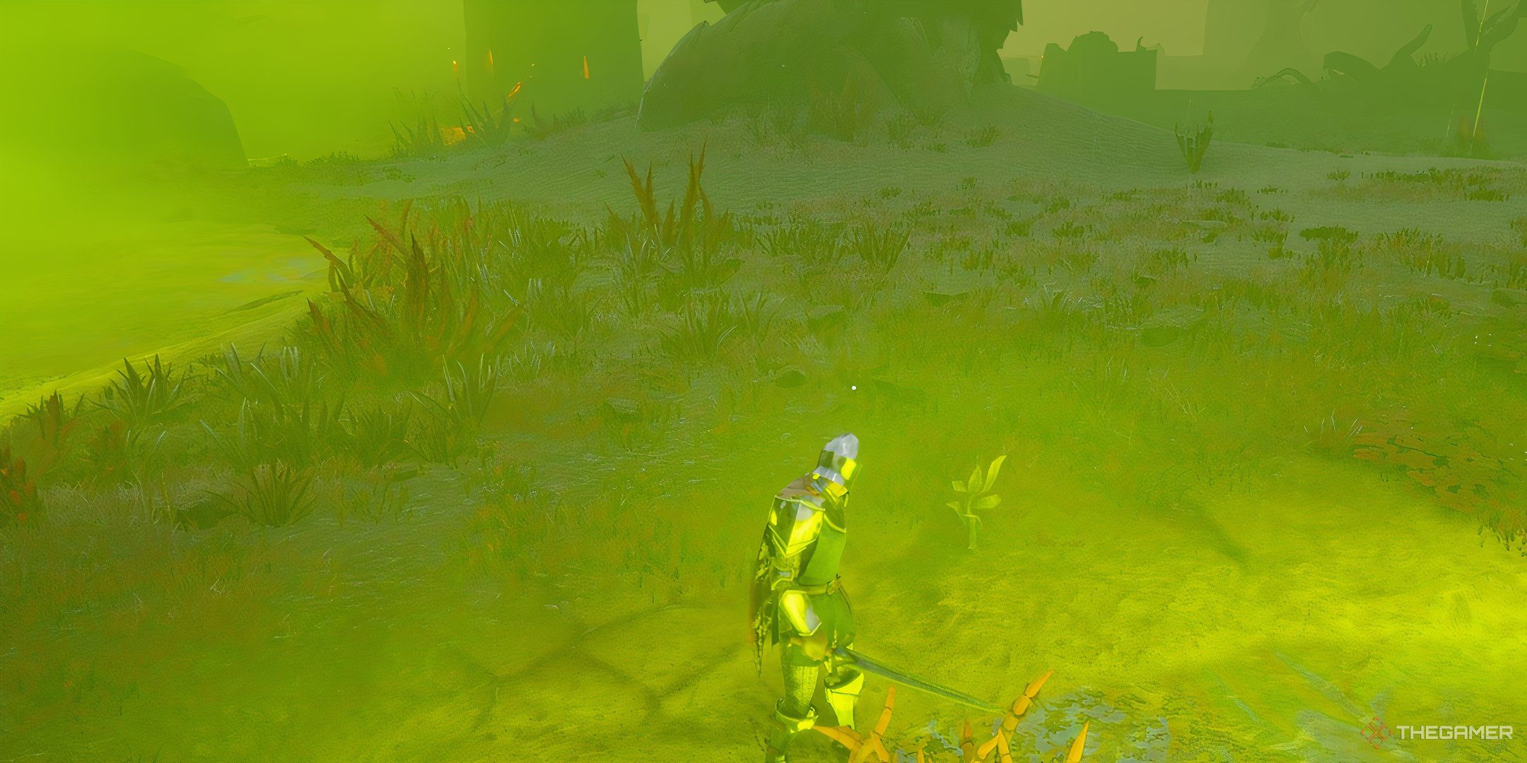 The player is standing in front of a Swamp Weed in the Bloodblight Swamp area in Runescape: Dragonwilds.
