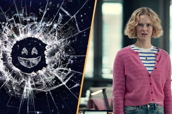black mirror logo next to maria from season seven's bete noire episode.
