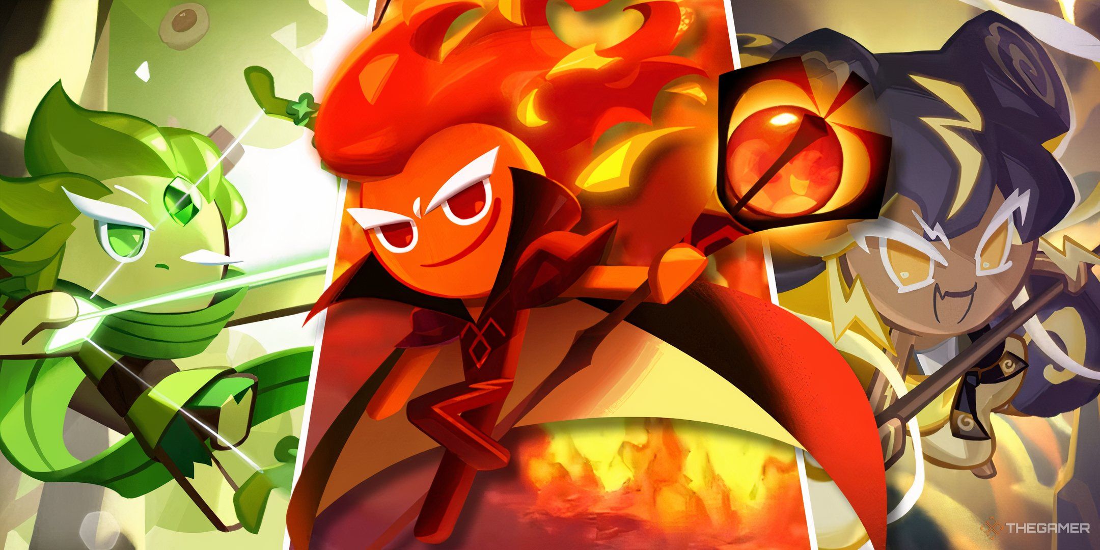 Wind Archer Cookie, Fire Spirit Cookie, and Stormbringer Cookie in a split-image of Cookie Run Kingdom's Legendary Cookies.