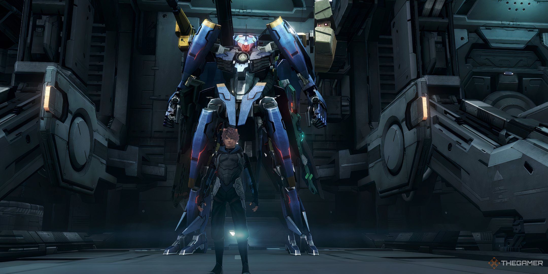 The Formula Zero Skell standing inside the B.L.A.D.E. Barracks hangar in Xenoblade Chronicles X: Definitive Edition.