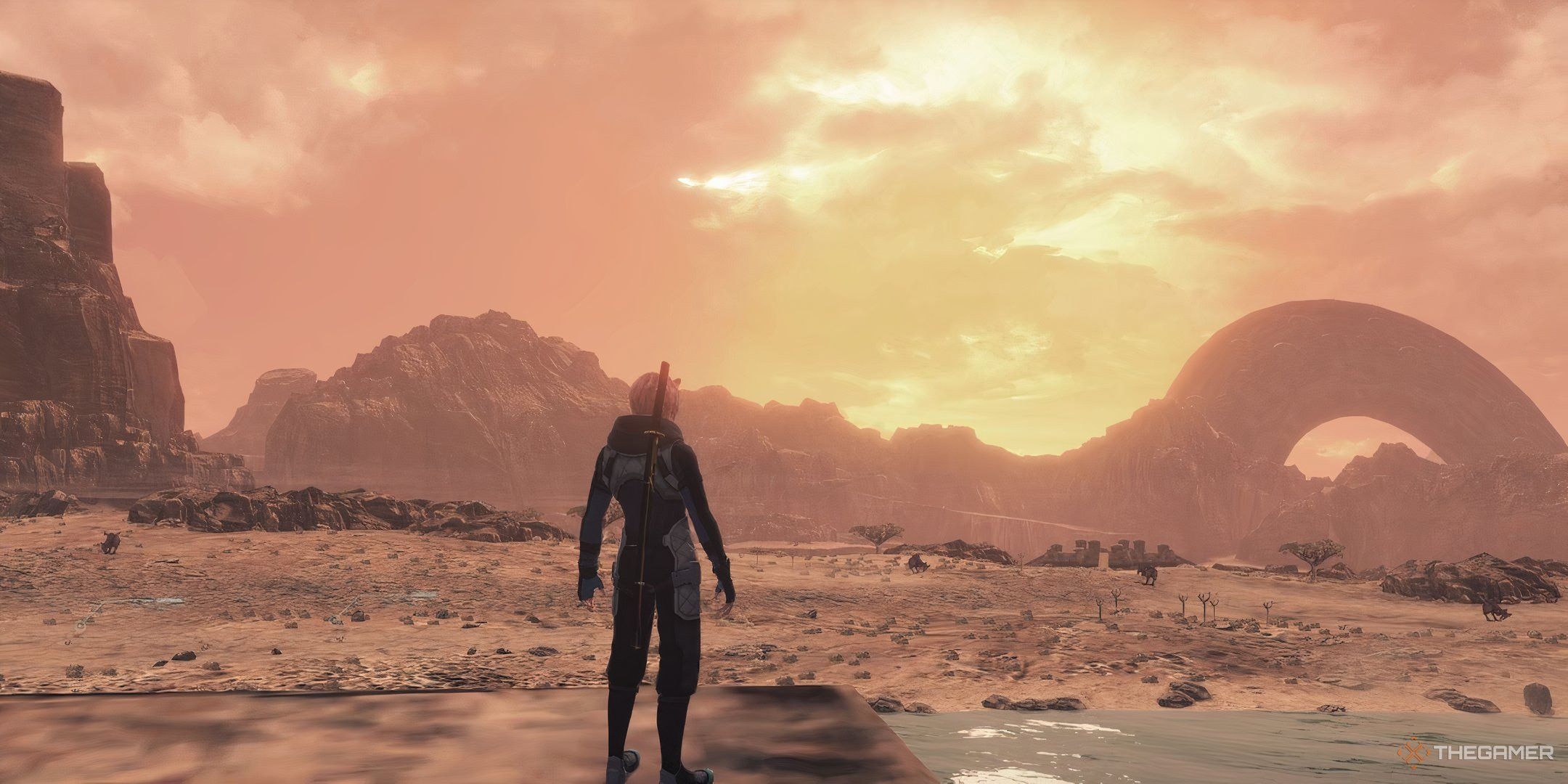A scenic view of the Oblivia region during sunset in Xenoblade Chronicles X: Definitive Edition.
