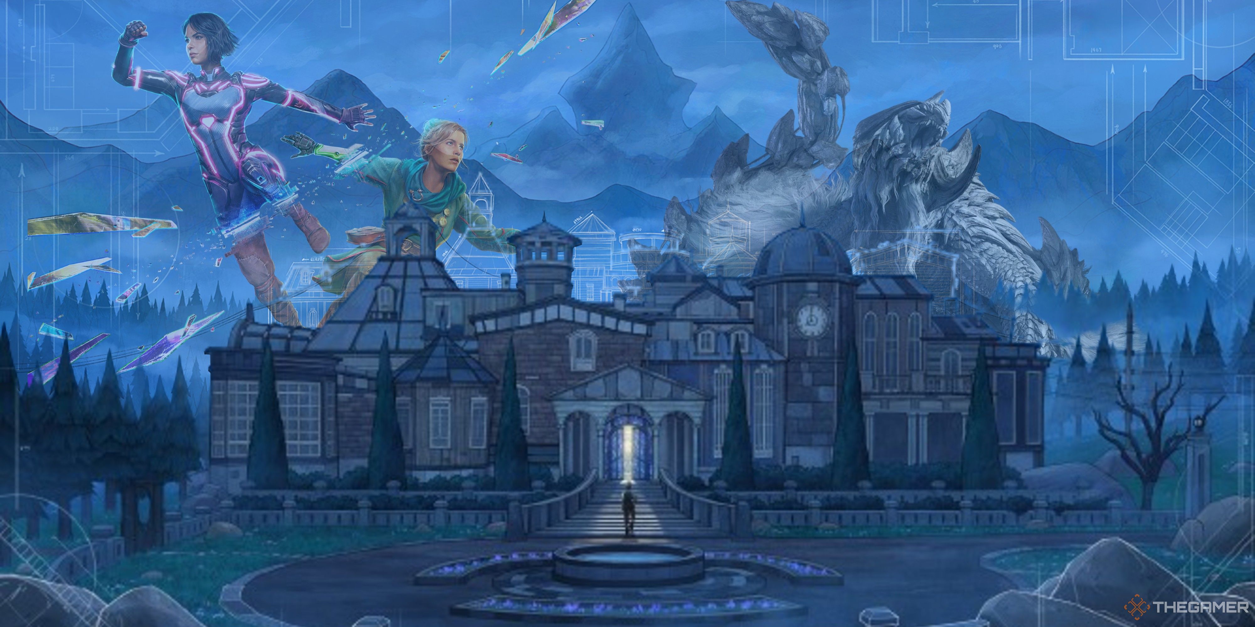 zoey and mio from split fiction and an arkveld from monster hunter wilds behind the blue prince mansion.