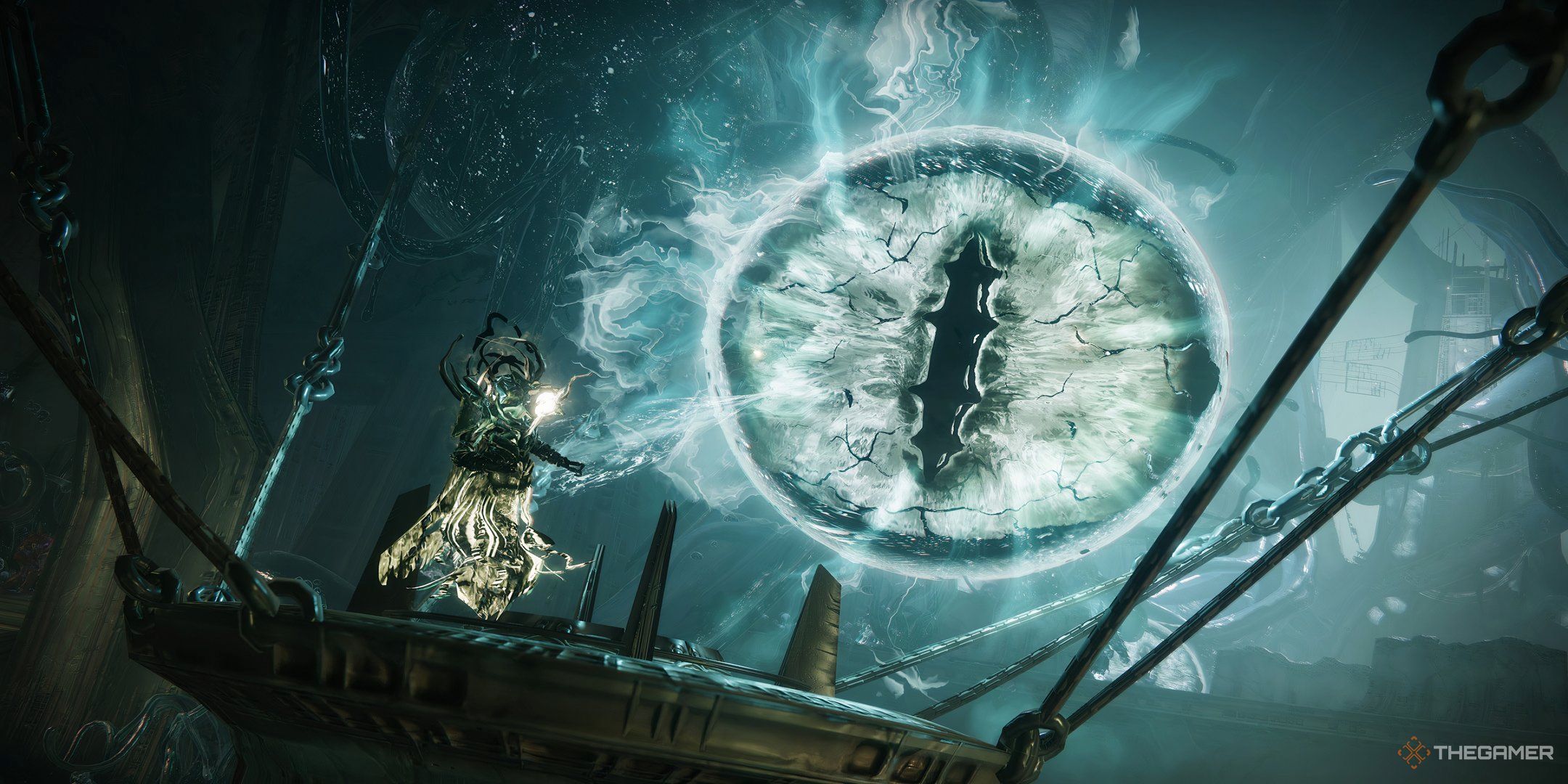 Taken Wizard standing next to an eye-like structure that increases the stacks of Suffocating Terror on the Guardian in Destiny 2.