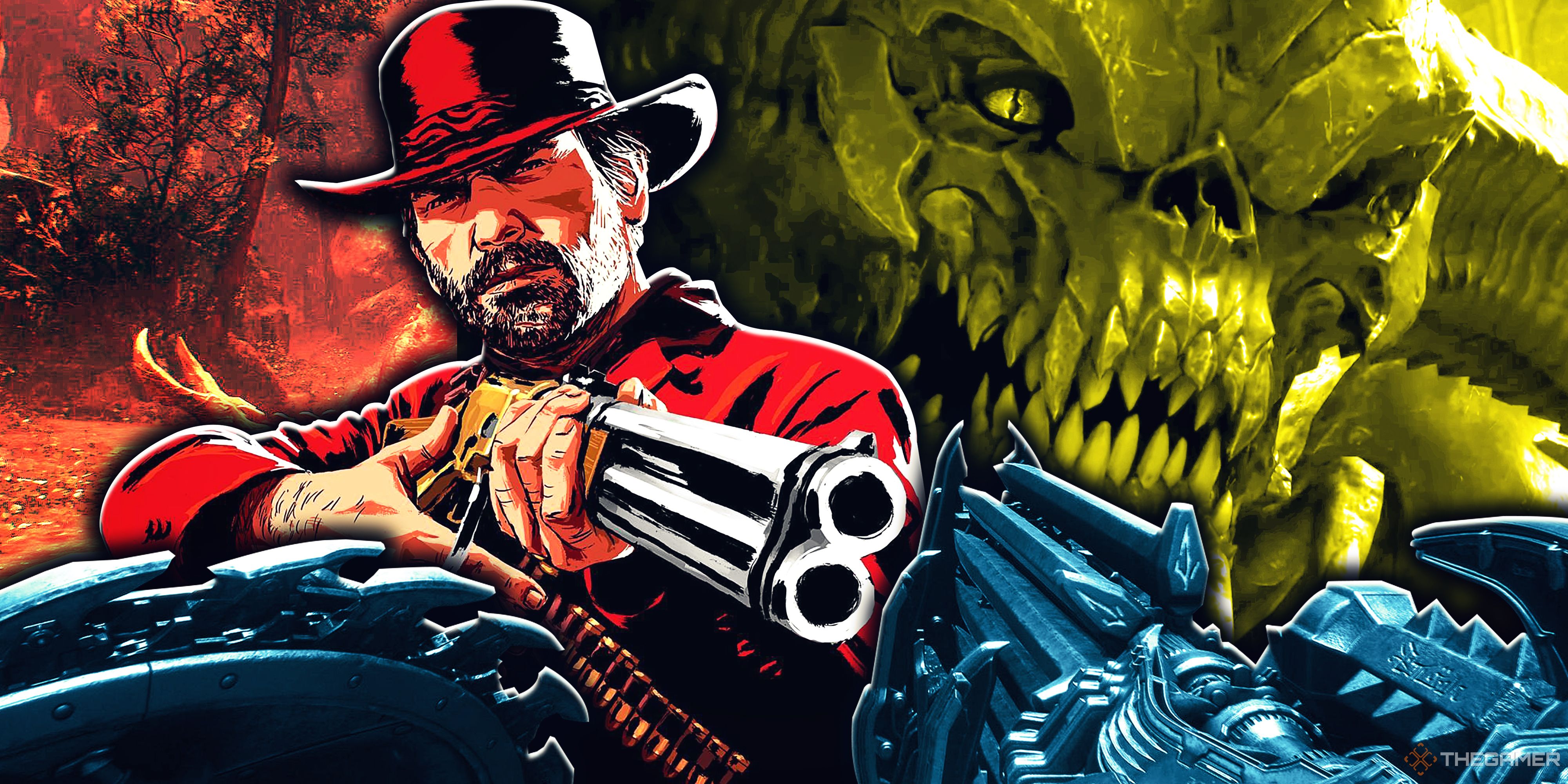 Collage image with Arthur Morgan from Red Dead Redemption 2 and the Cyberdemon from Doom, with the Doom Slayer's perspective in the foreground.