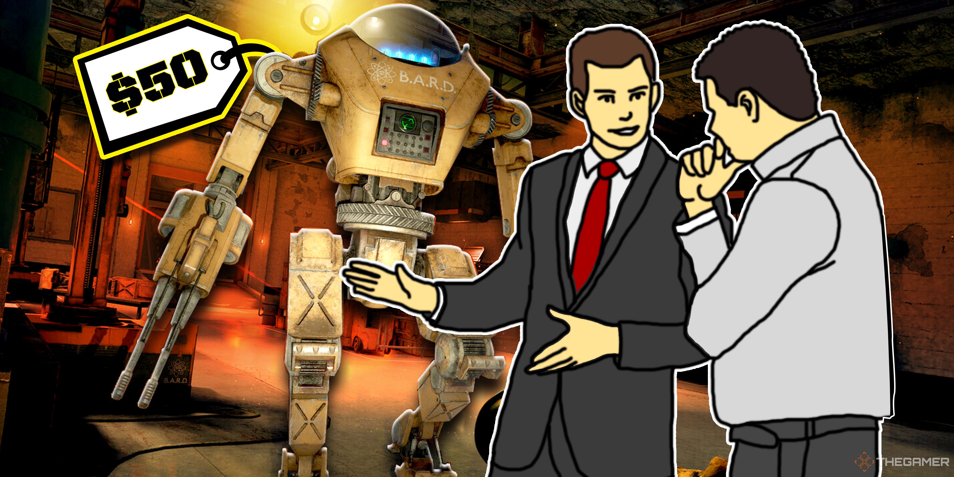 A salesman selling a robot with a $50 price tag.