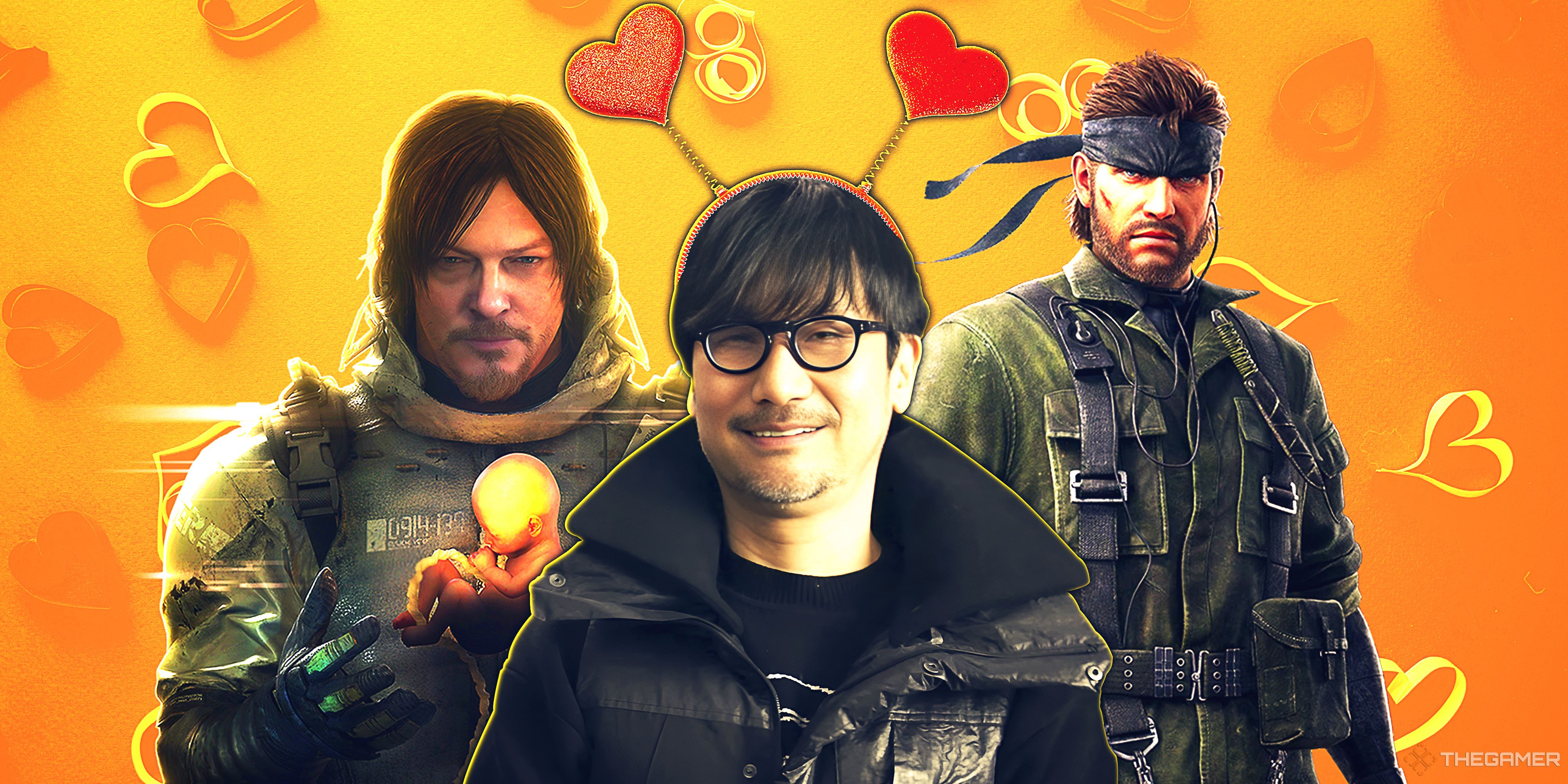 Hideo Kojima between Sam Porter Bridges from Death Stranding and Solid Snake.