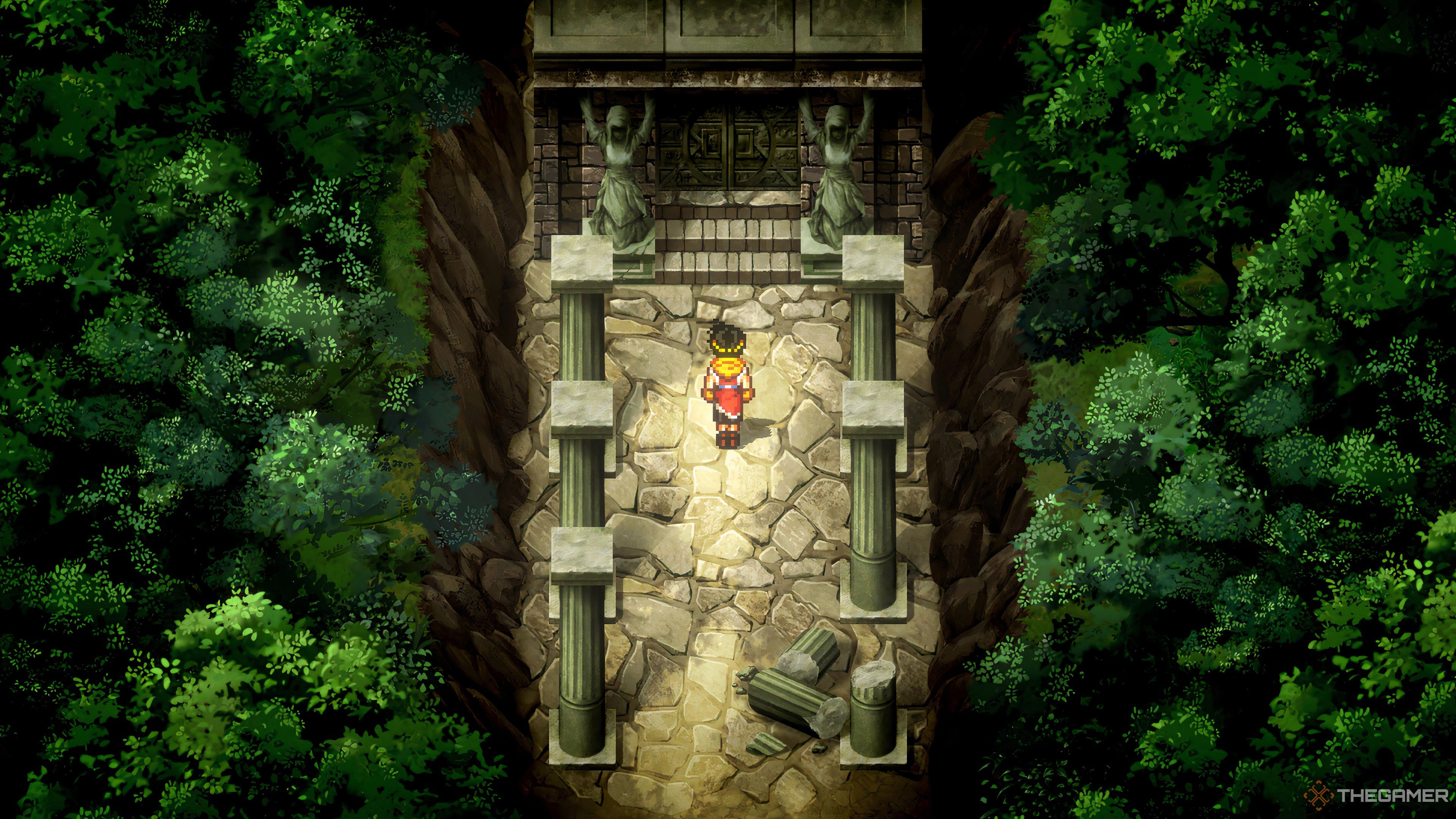 The player character standing at the entrance to the Sindar Ruins in Suikoden II HD Remaster.