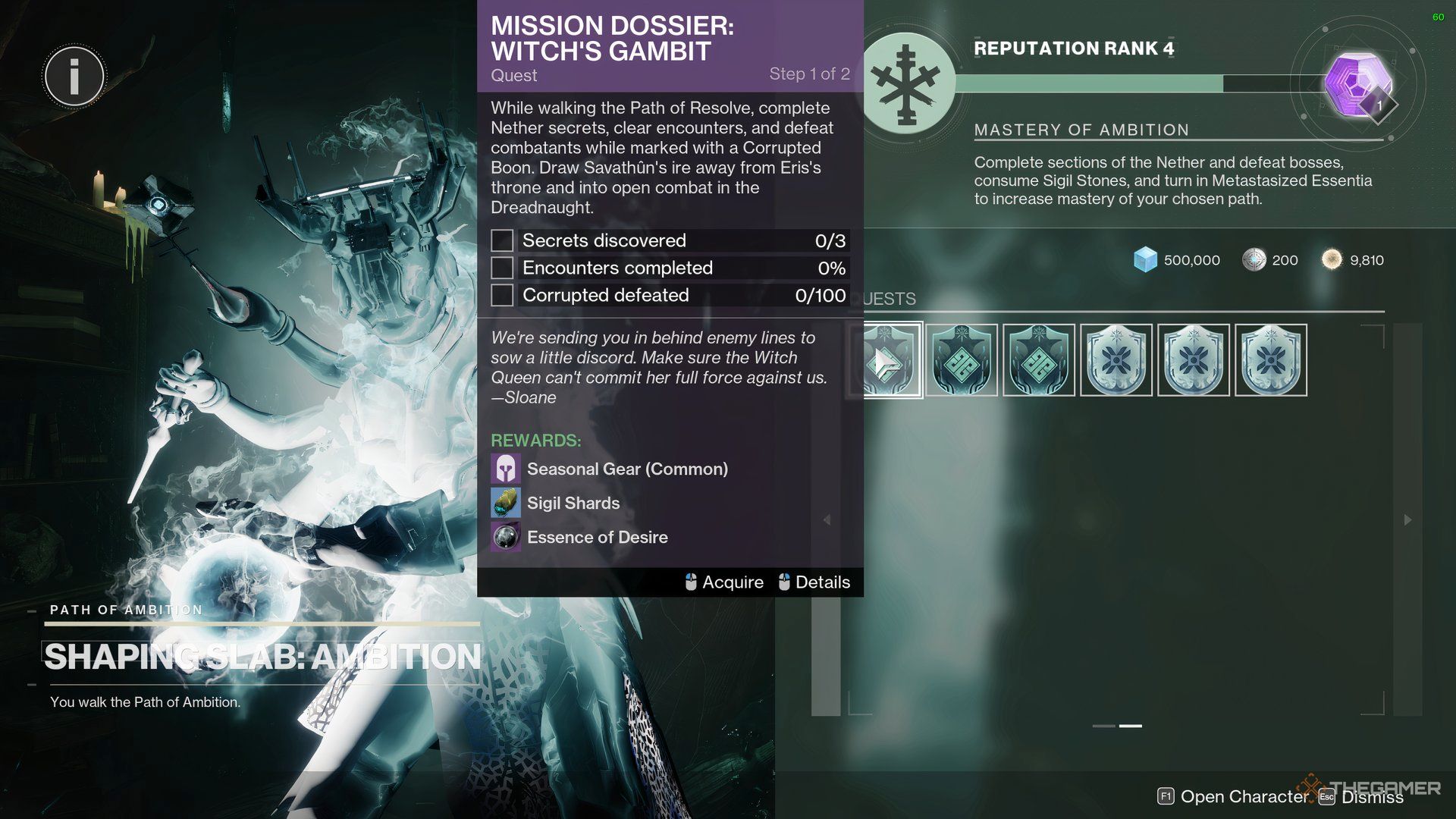 Player picking up the Mission Dossier: Witch's Gambit from the Shaping Slab at Eris' Apartment in The Last City.