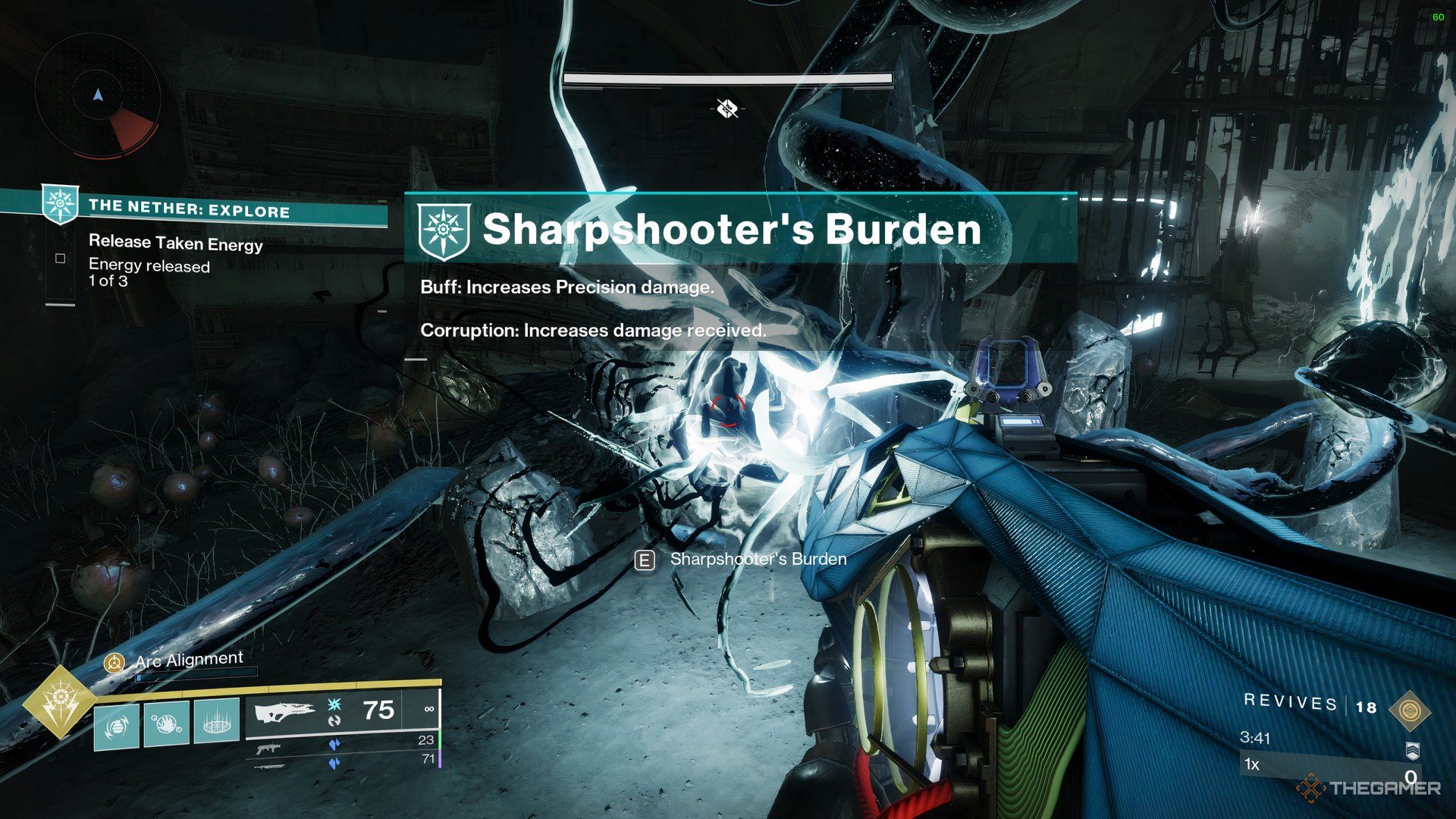Player inspecting the Sharpshooter's Burden (a Corrupted Boon) in The Nether. It increases Precision Damage, but also increases all damage received.
