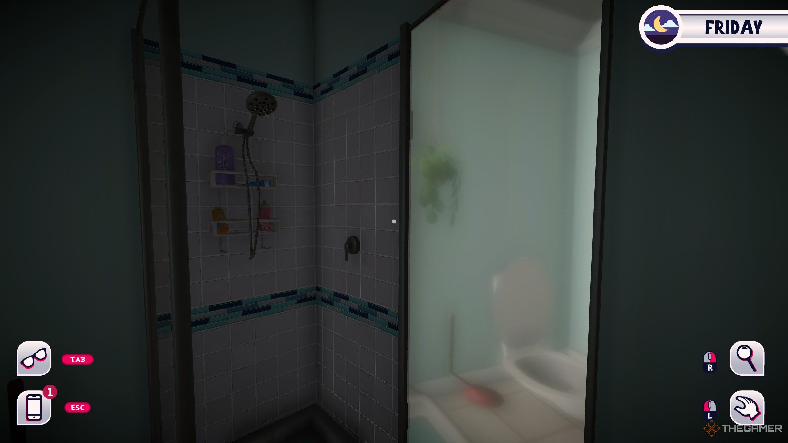 A shower with a reflection on it in date everything.