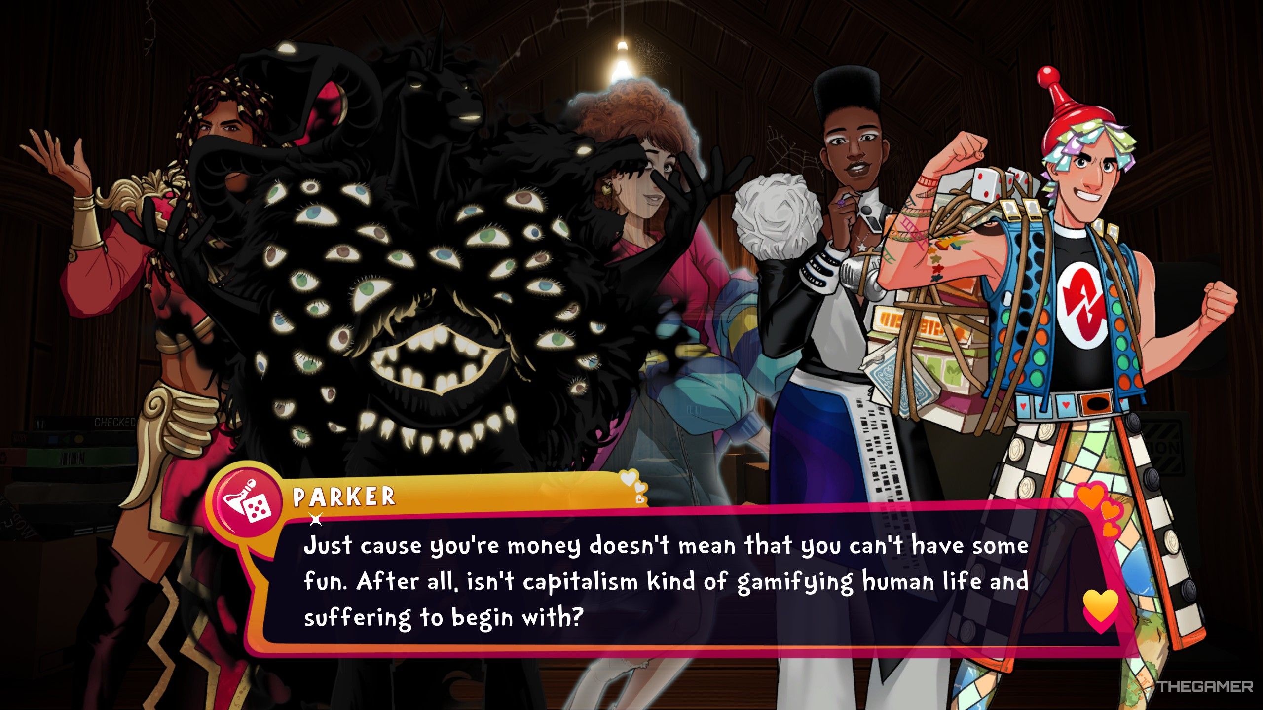 A group of characters performing the seance in date everything.