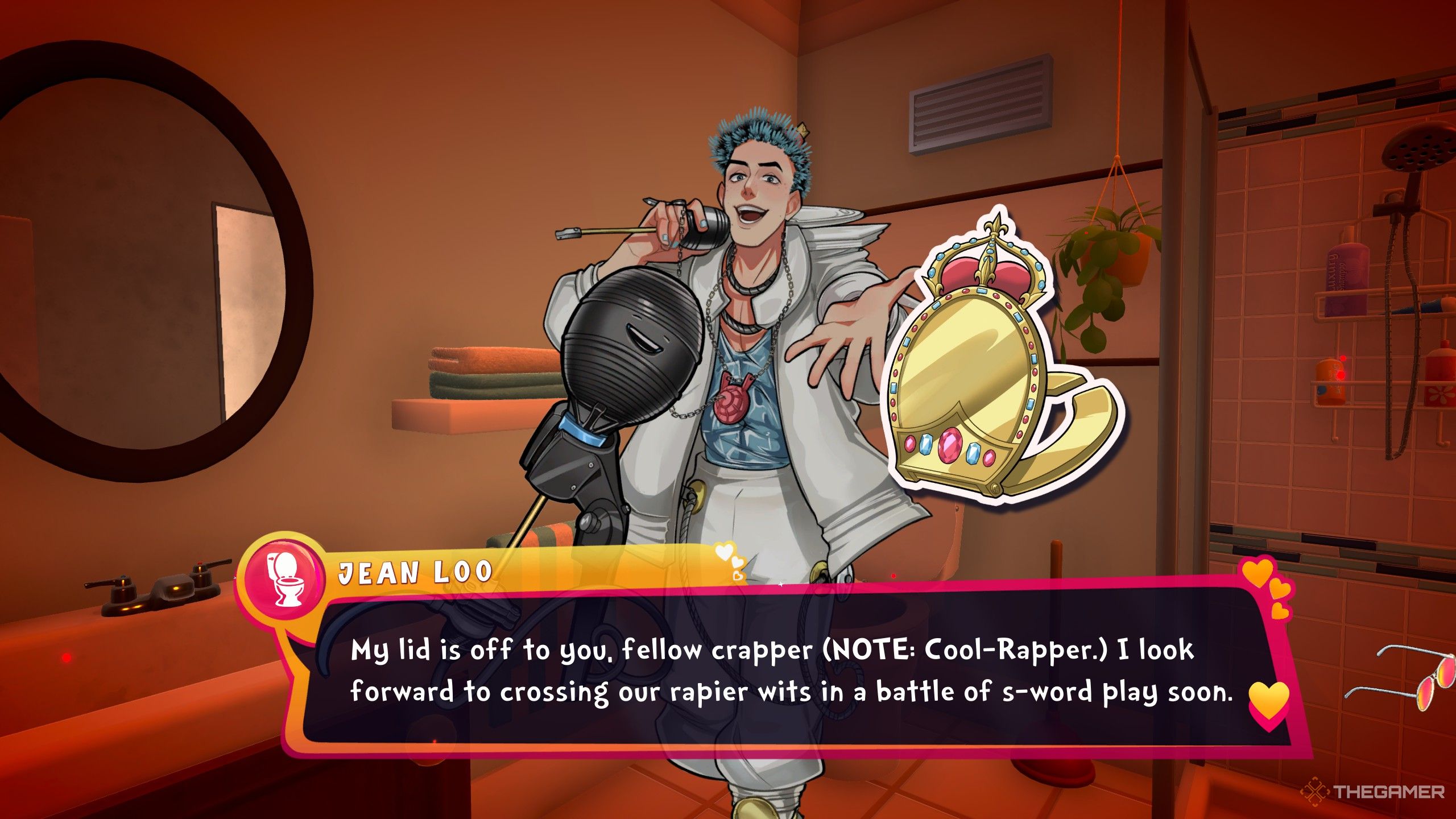 Jean Loo offering you an item for beating him in the rap battle.