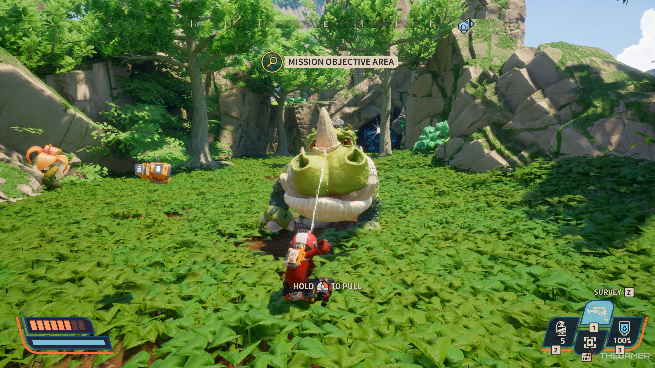 Pulling a large creature to capture it in revenge of the savage planet.