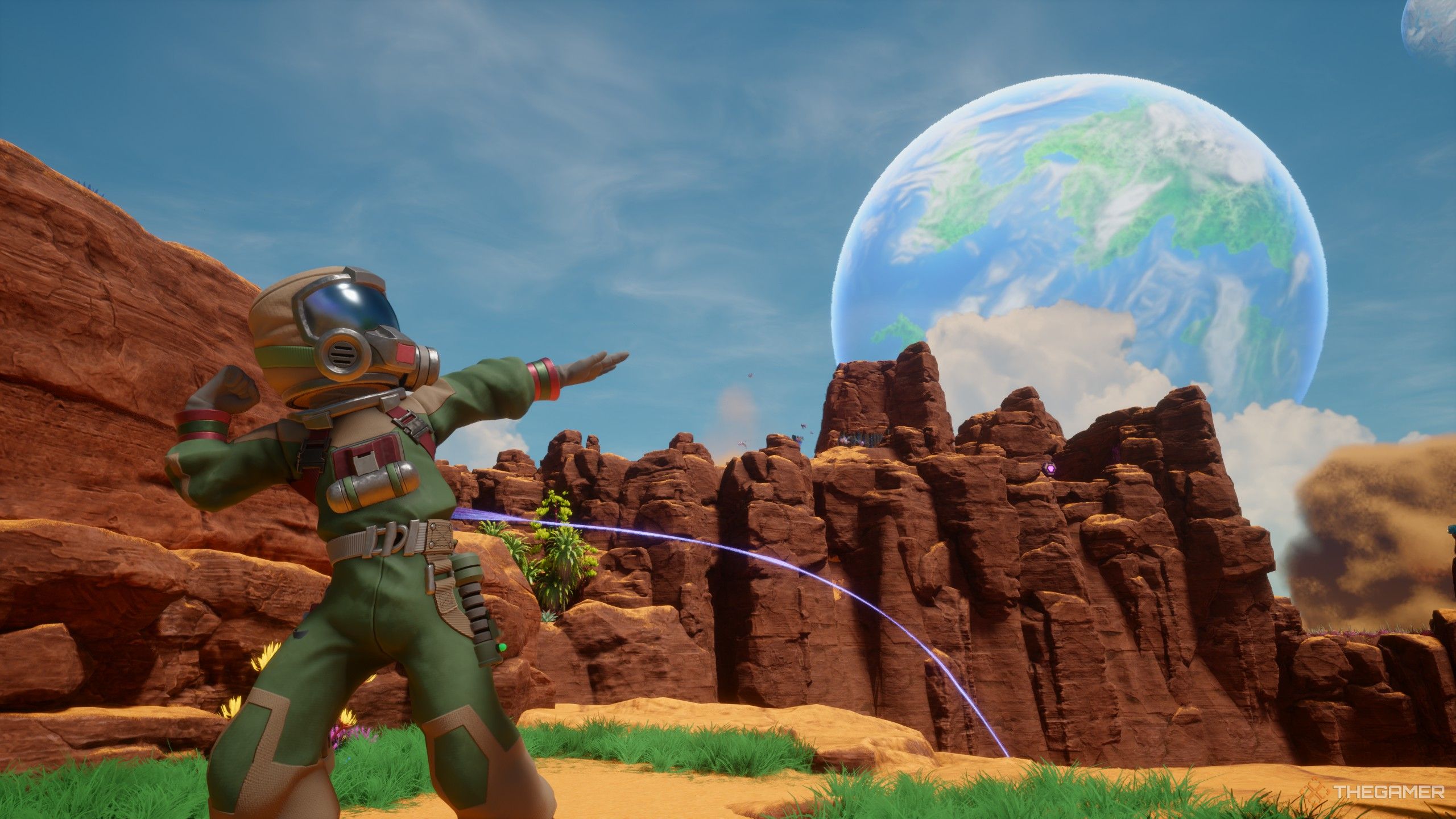 Posing by the mountains with a planet in the distance in revenge of the savage planet.