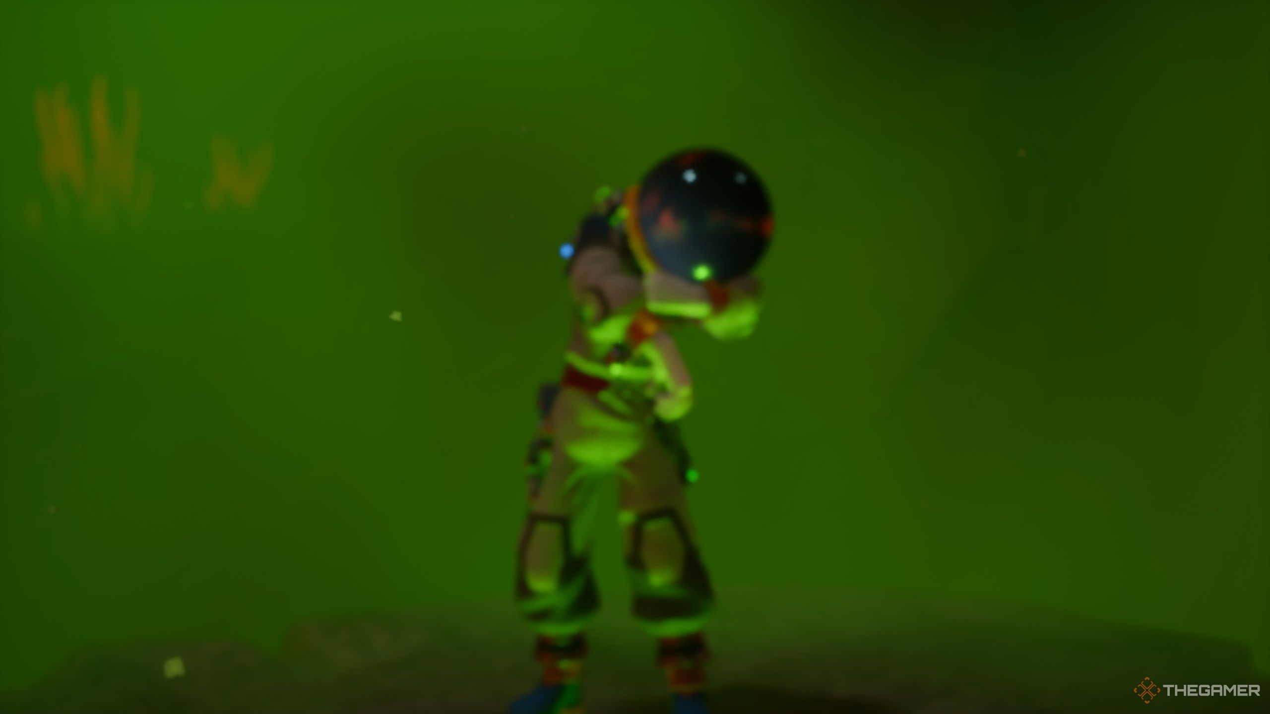 The player blurred as they are surrounded by green gas in revenge of the savage planet.