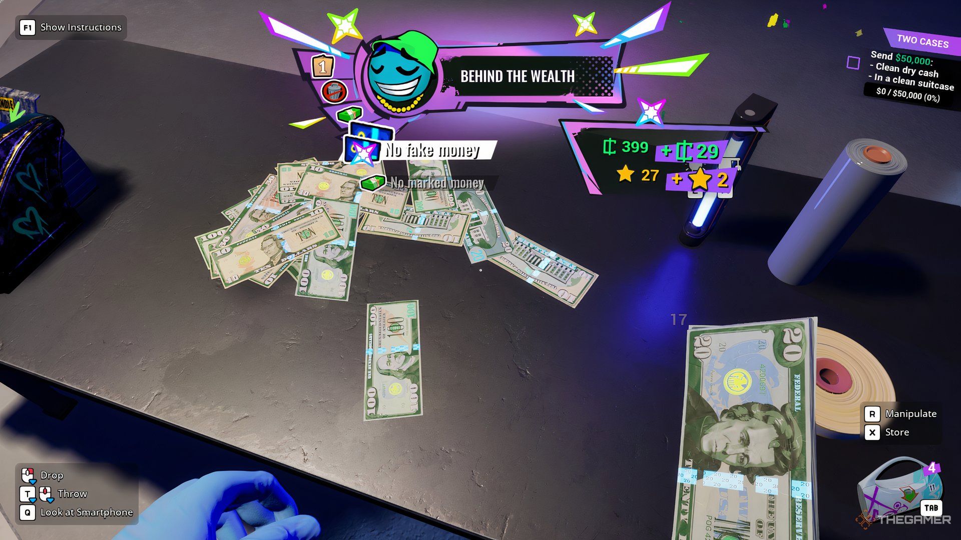 Player character holding money while a quest pop-up above their head lists bonuses they're getting in Cash Cleaner Simulator.