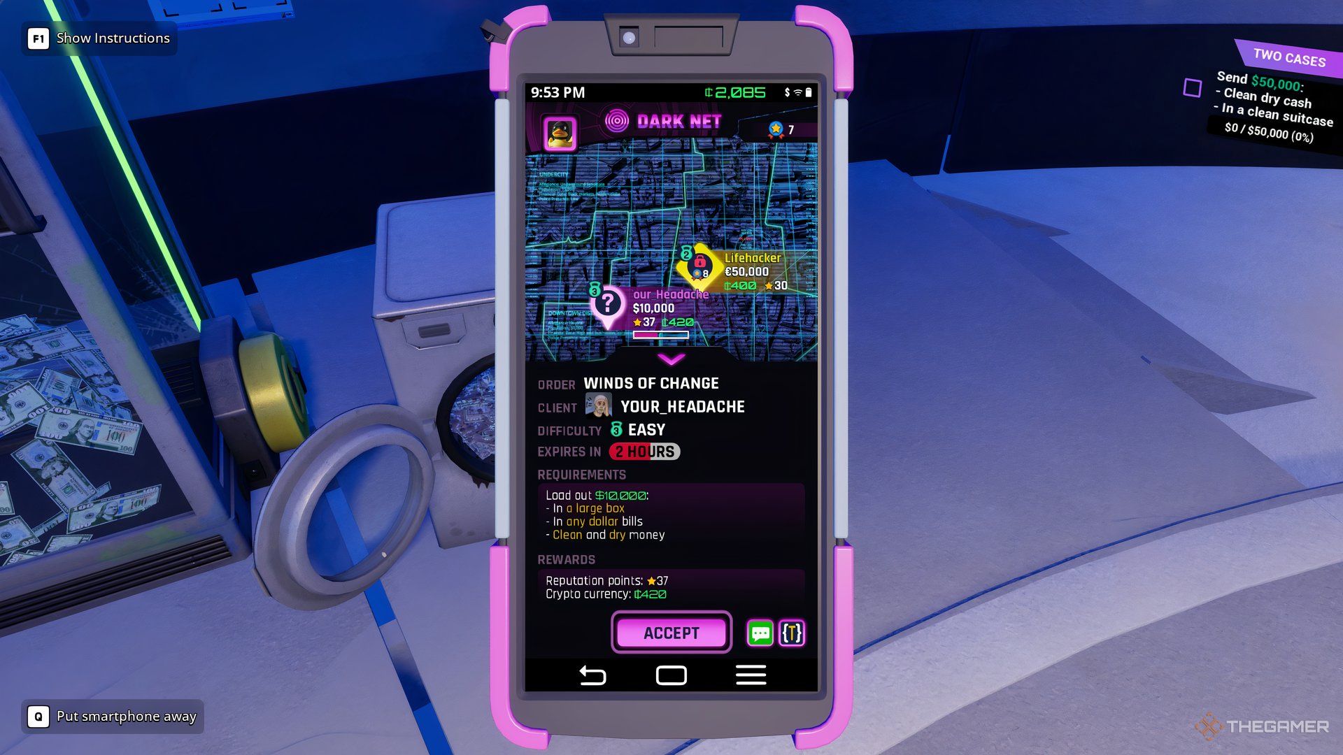 Player character looking at a DarkNet App quest post showing a client, what they want, and the difficulty in Cash Cleaner Simulator.