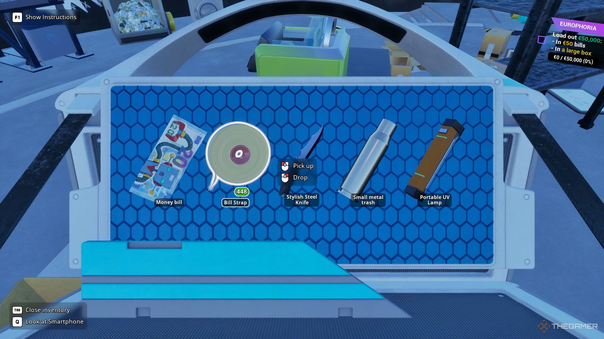 Close up of a player inventory containing a money bill, knife, UV lamp, and over four-hundred bill straps in Cash Cleaner Simulator.