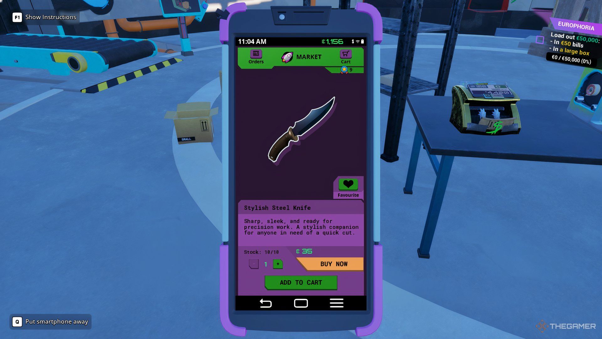 Close up view of the Black Market app on the player's phone showing the Steel Knife page in Stylish Steel Knife Purchase Page Cash Cleaner Simulator .