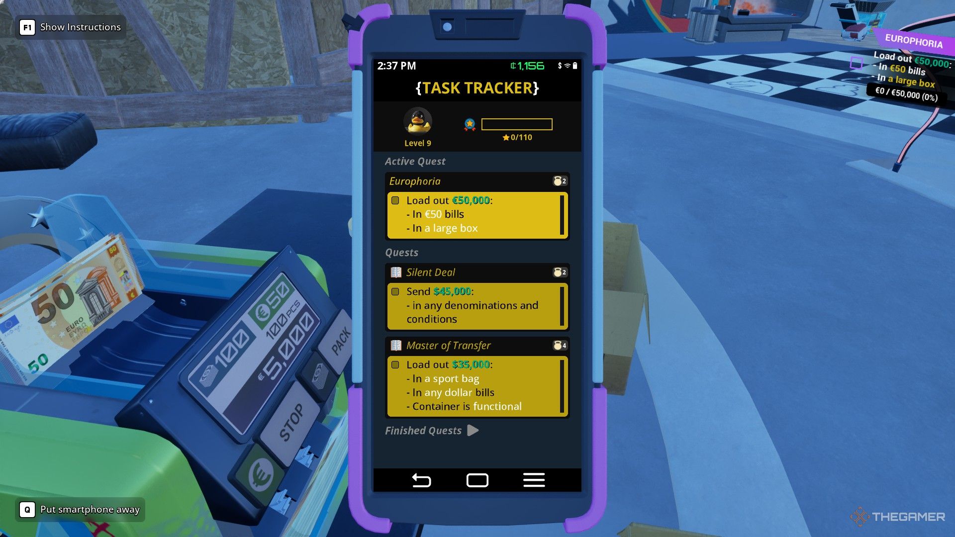 Player character looking at the Task Tracker on their phone which shows three quests listed in Cash Cleaner Simulator.