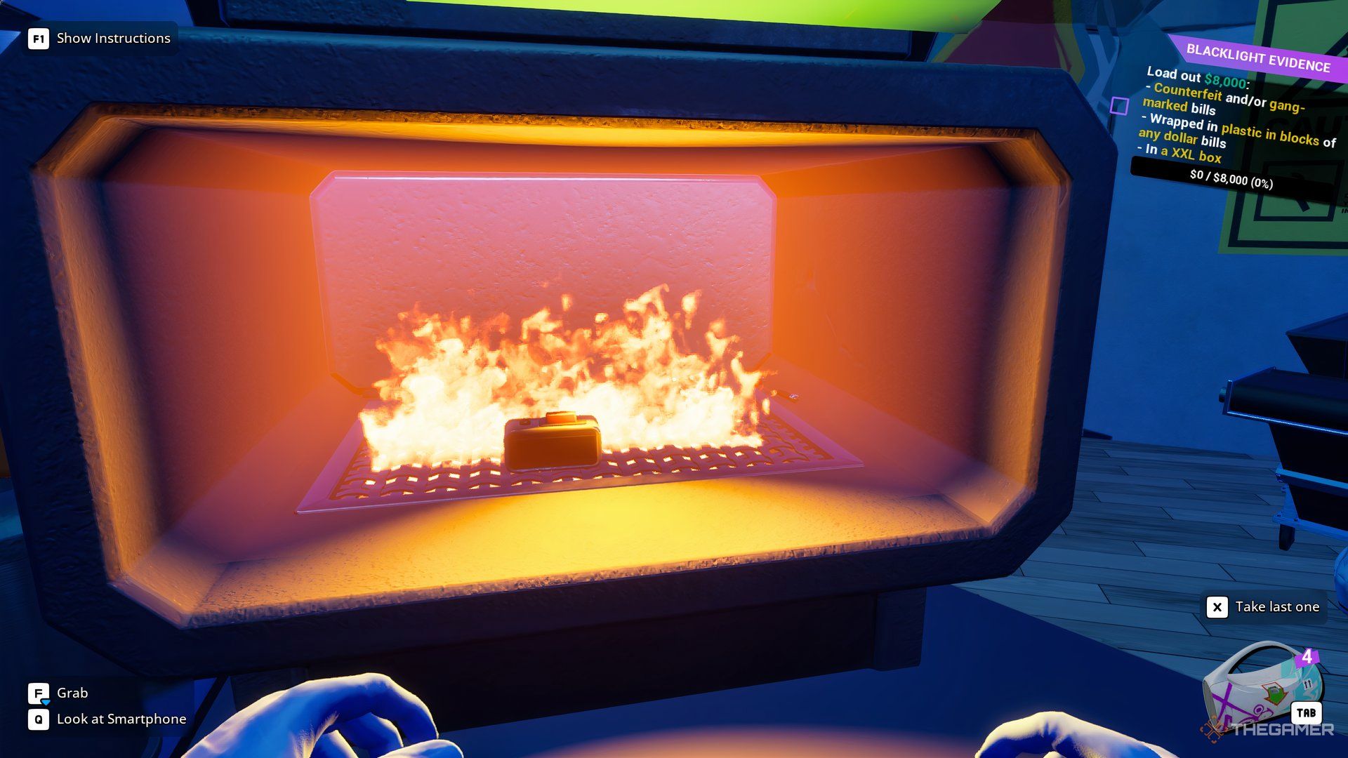Player character waiting for several pieces of trash to burn in a large industrial furnace in Cash Cleaner Simulator.