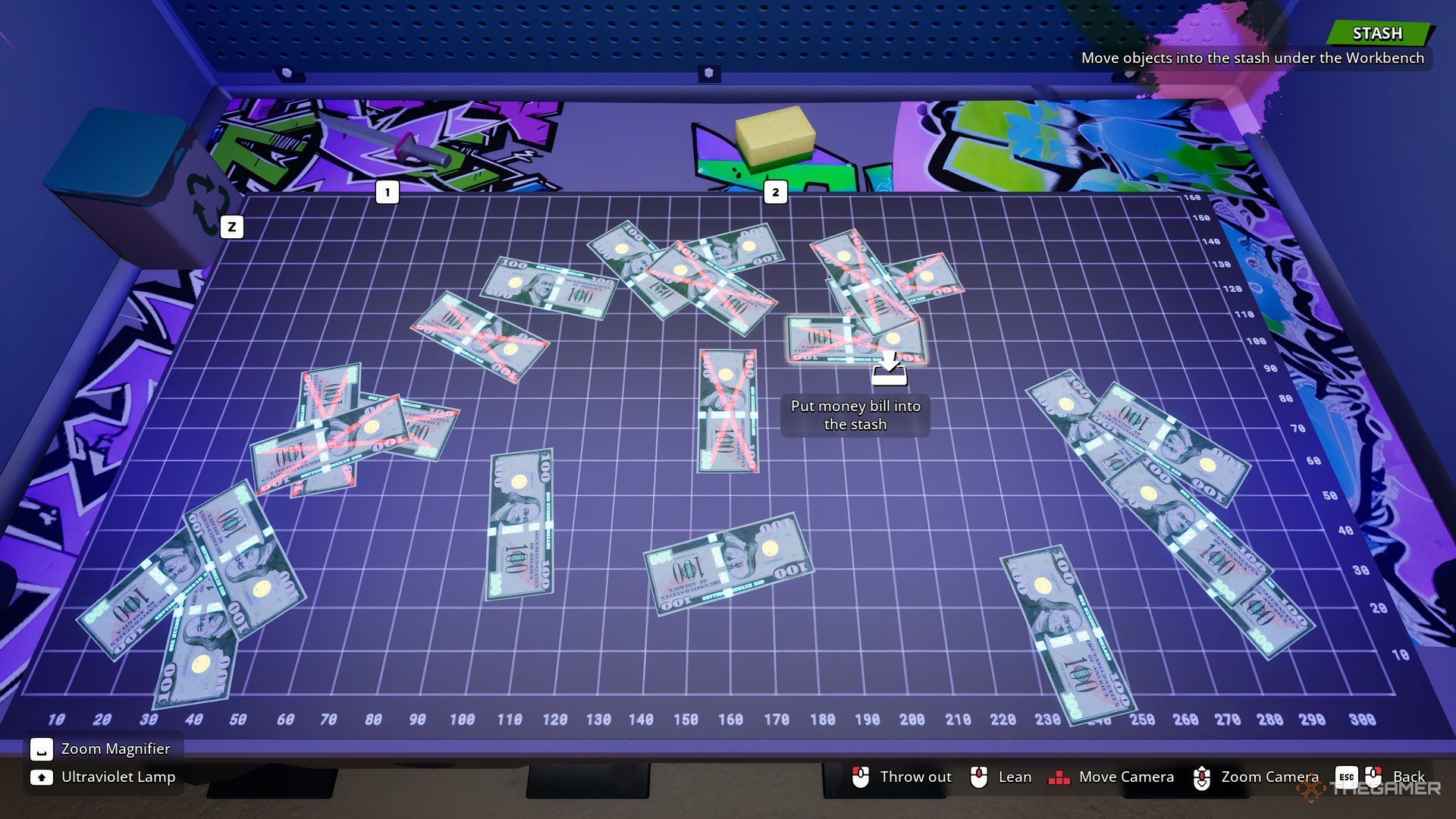 Player character using their workbench and a UV Lamp to separate marked bills from unmarked in Cash Cleaner Simulator.